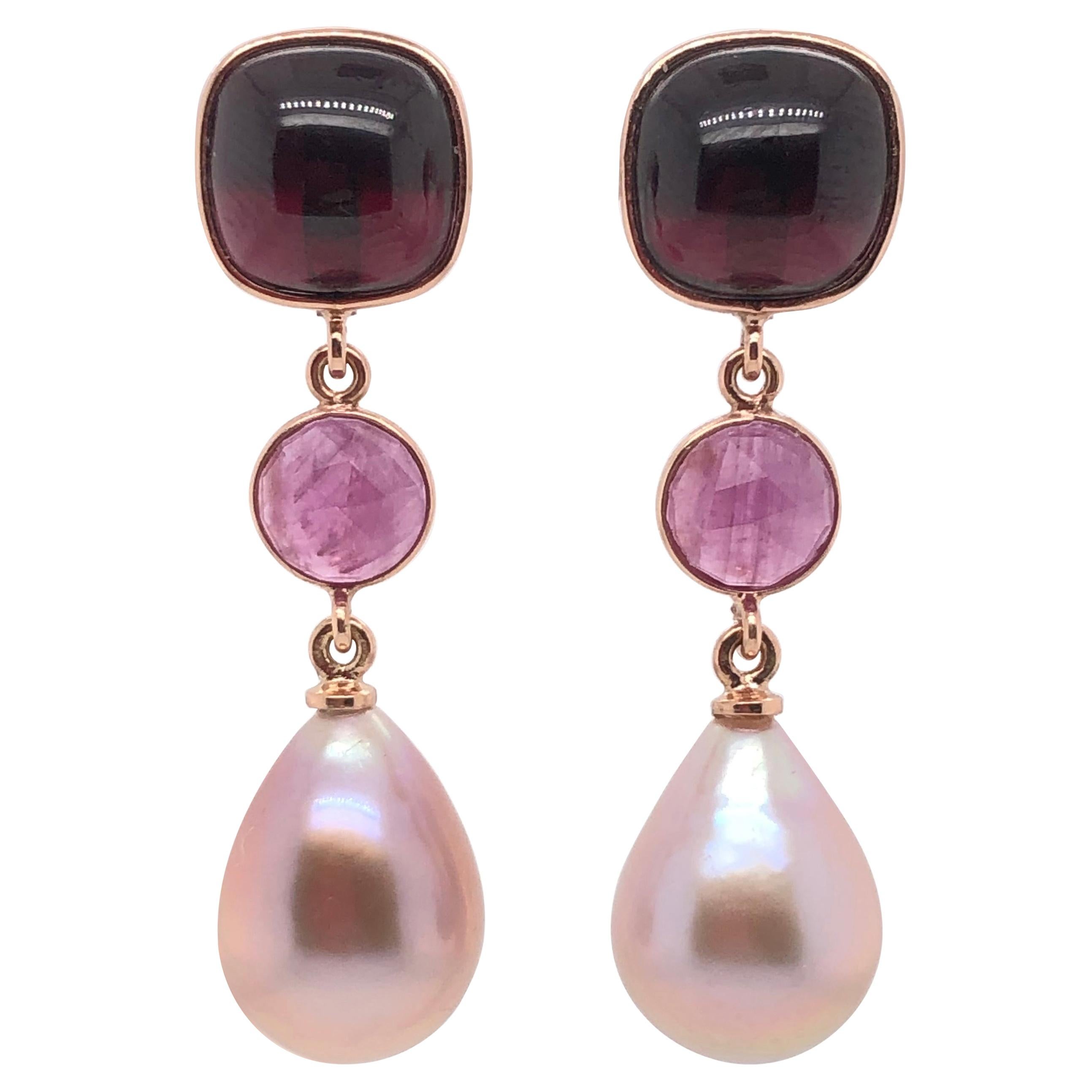 Garnet Ruby with Pearls on Rose Gold 18 Karat Earrings