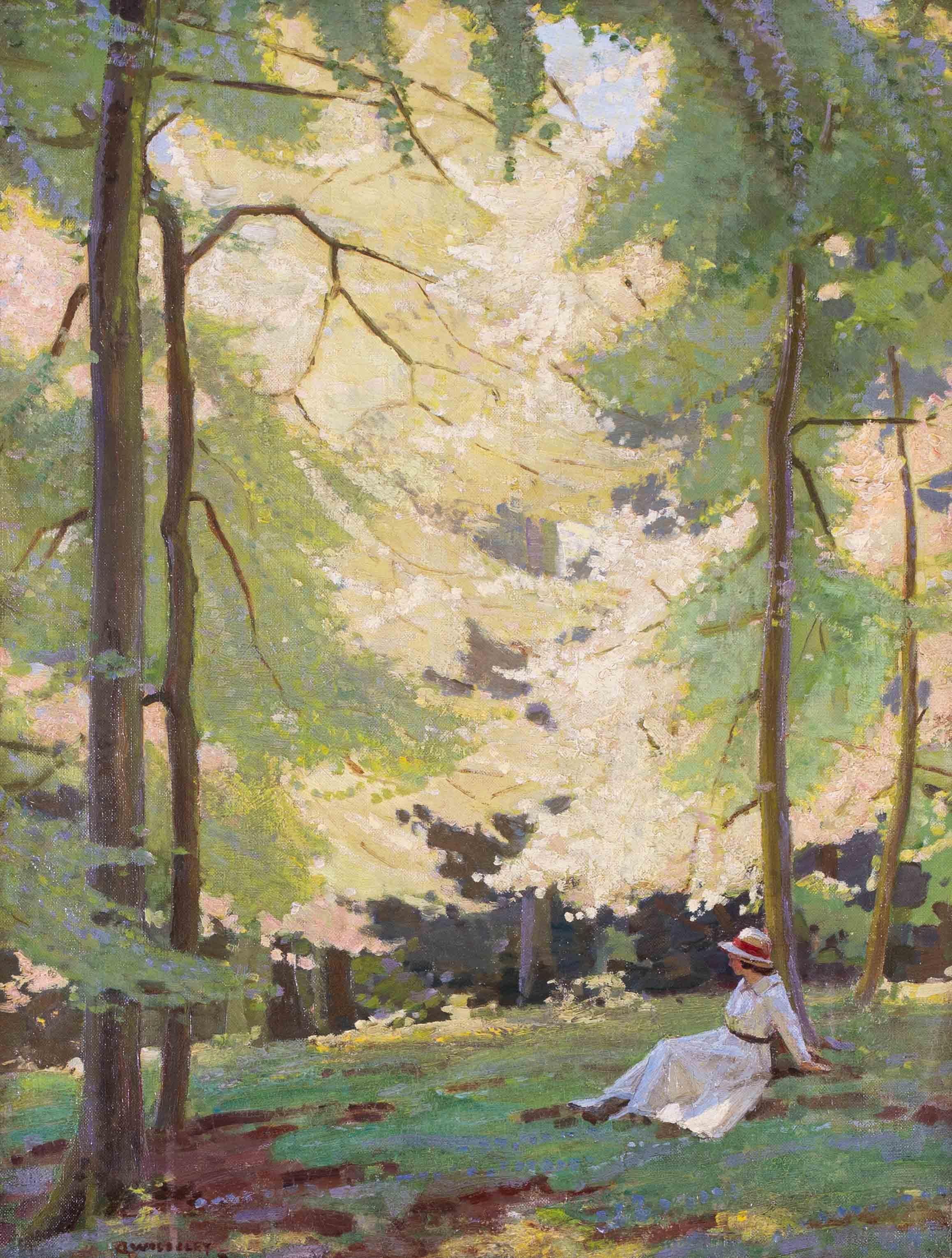 British, 20th Century oil painting of lady under a canopy of green foliage - Painting by GARNET RUSKIN WOLSELEY