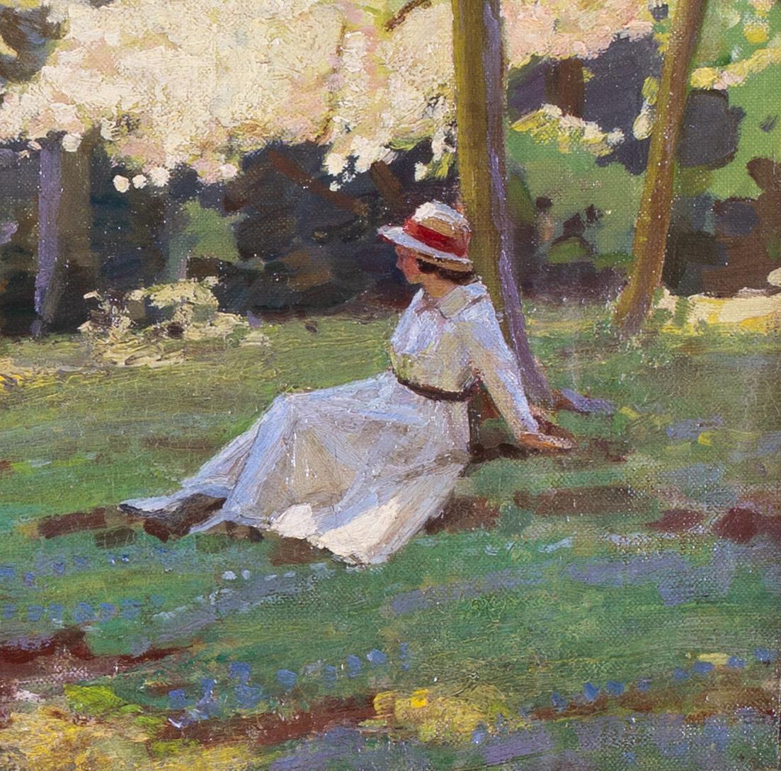 Peinture à l'huile du début du 20e siècle représentant une dame se reposant dans une clairière par Wolseley - Painting de GARNET RUSKIN WOLSELEY