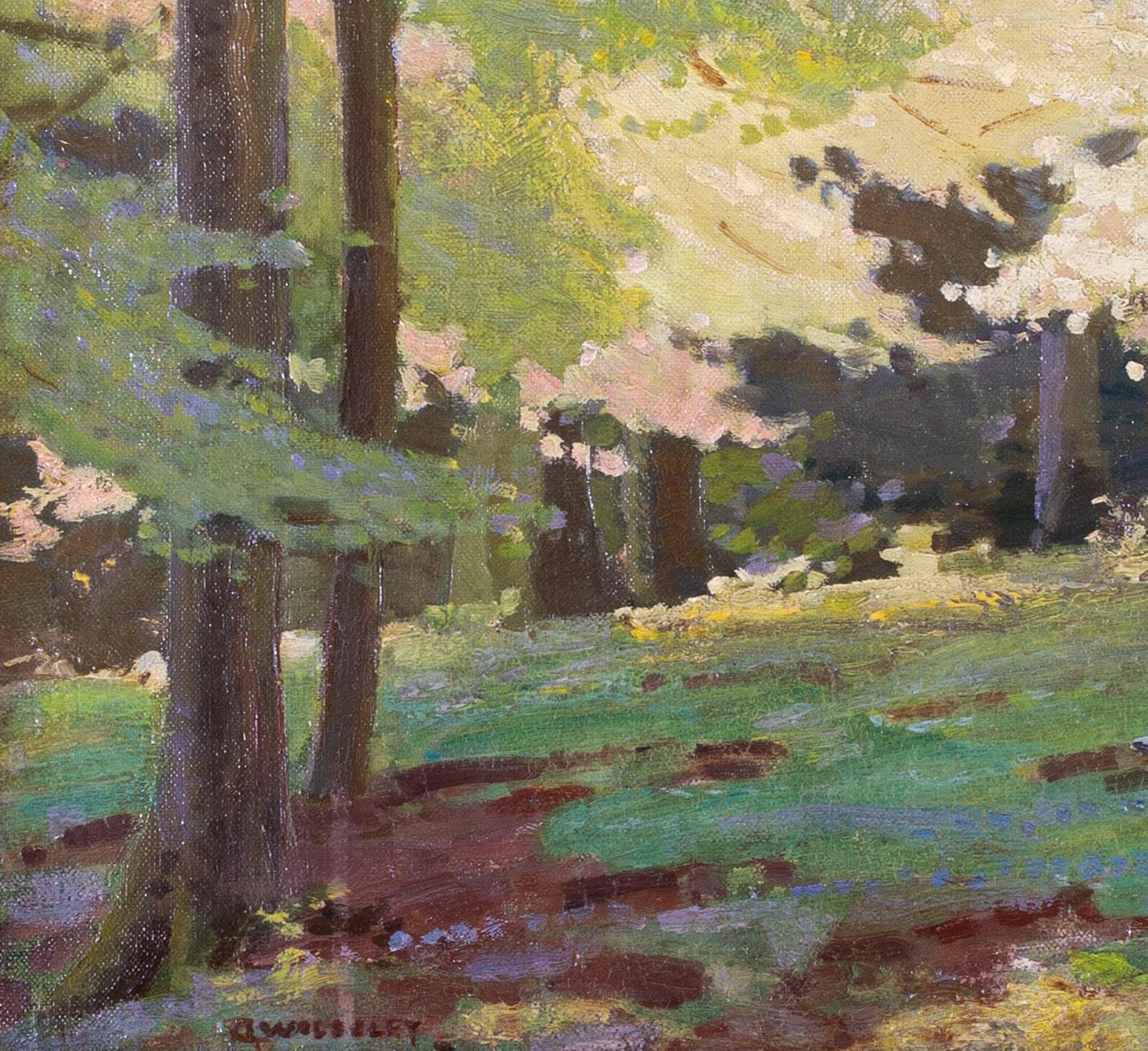 Peinture à l'huile du début du 20e siècle représentant une dame se reposant dans une clairière par Wolseley - Moderne Painting par GARNET RUSKIN WOLSELEY