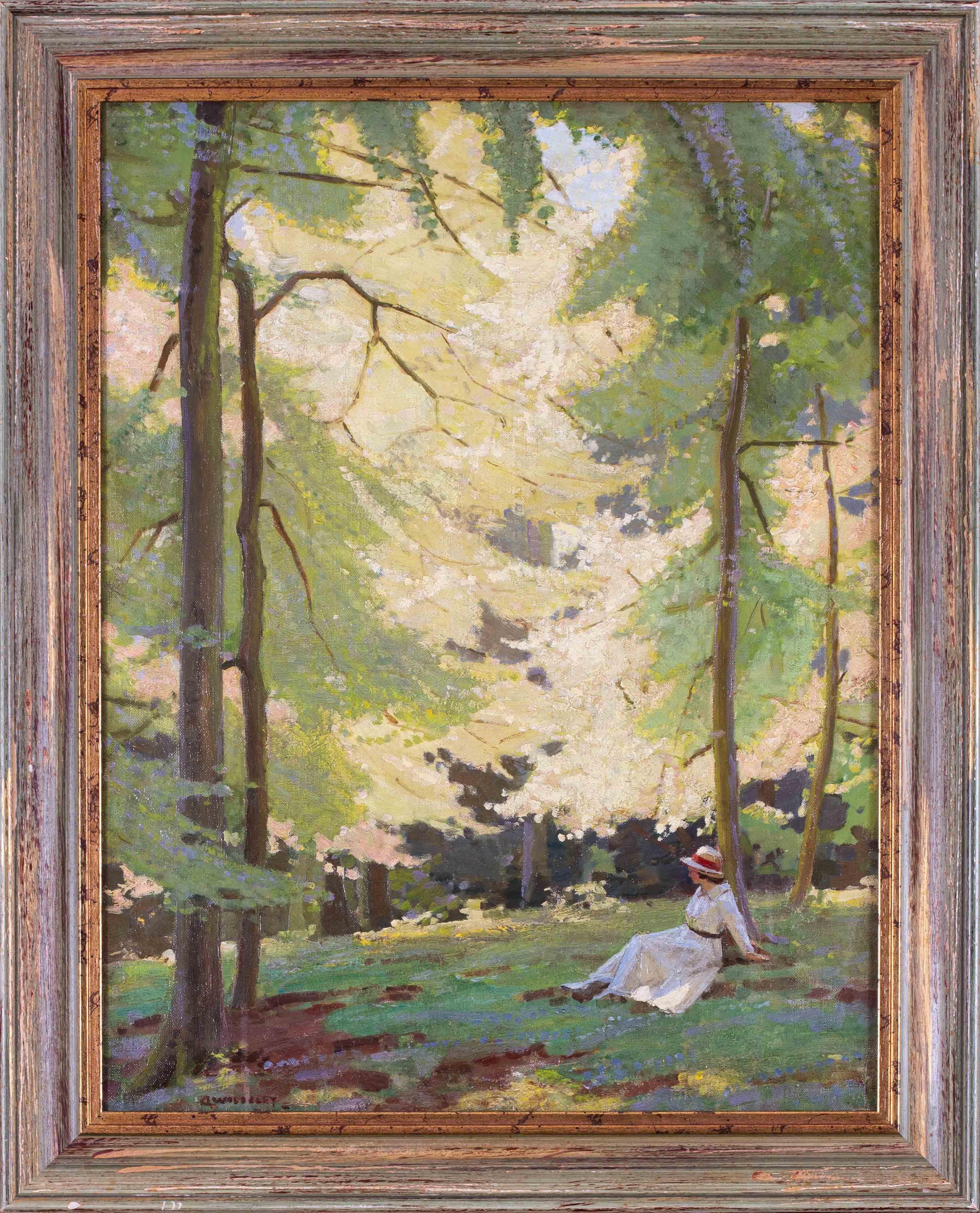 Landscape Painting GARNET RUSKIN WOLSELEY - Peinture à l
huile du début du 20e siècle représentant une dame se reposant dans une clairière par Wolseley