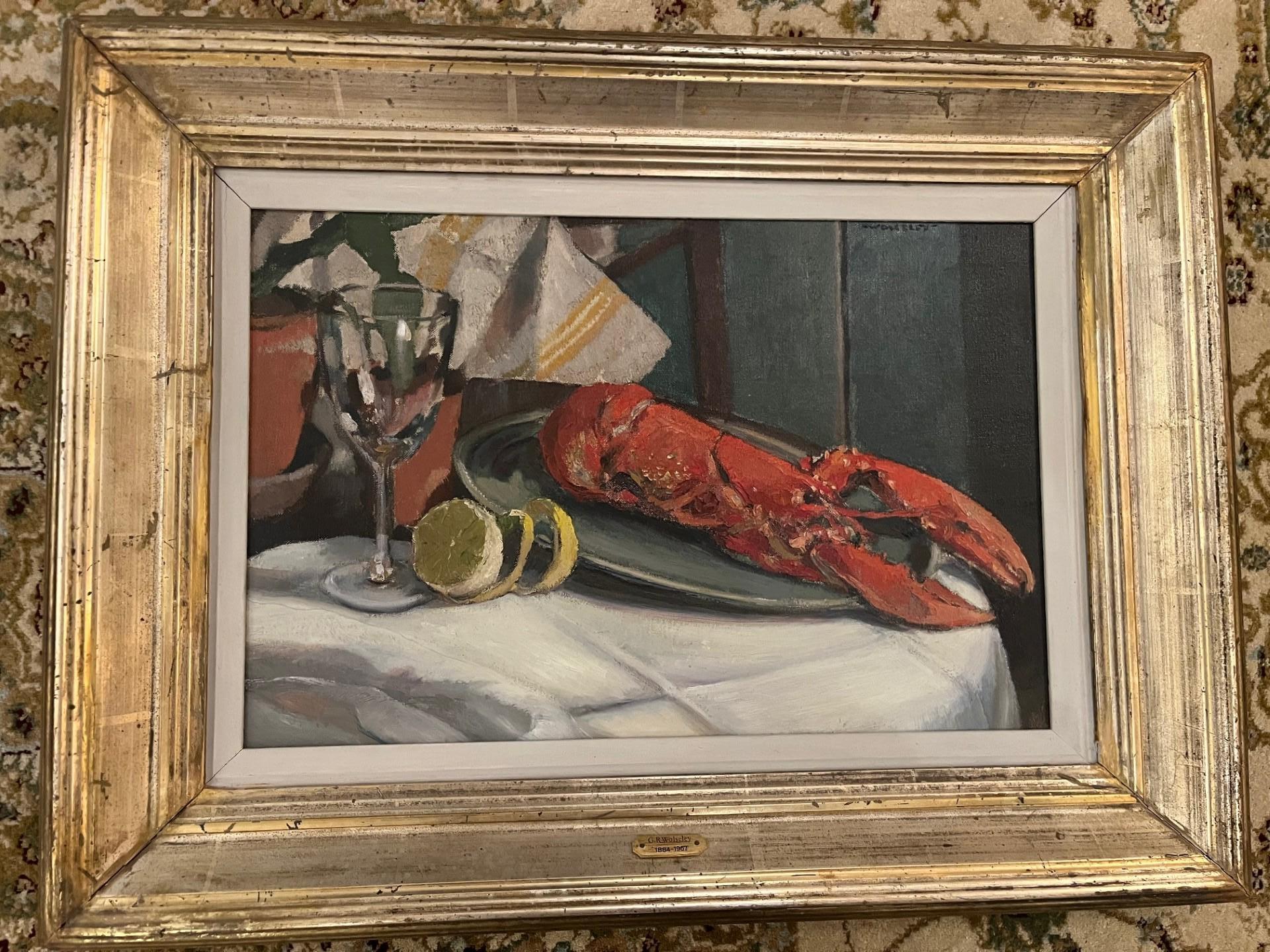 Frühes Twentieth Jahrhundert Newlyn Schule Stillleben von Hummer und Glasmalerei (Braun), Still-Life Painting, von GARNET RUSKIN WOLSELEY