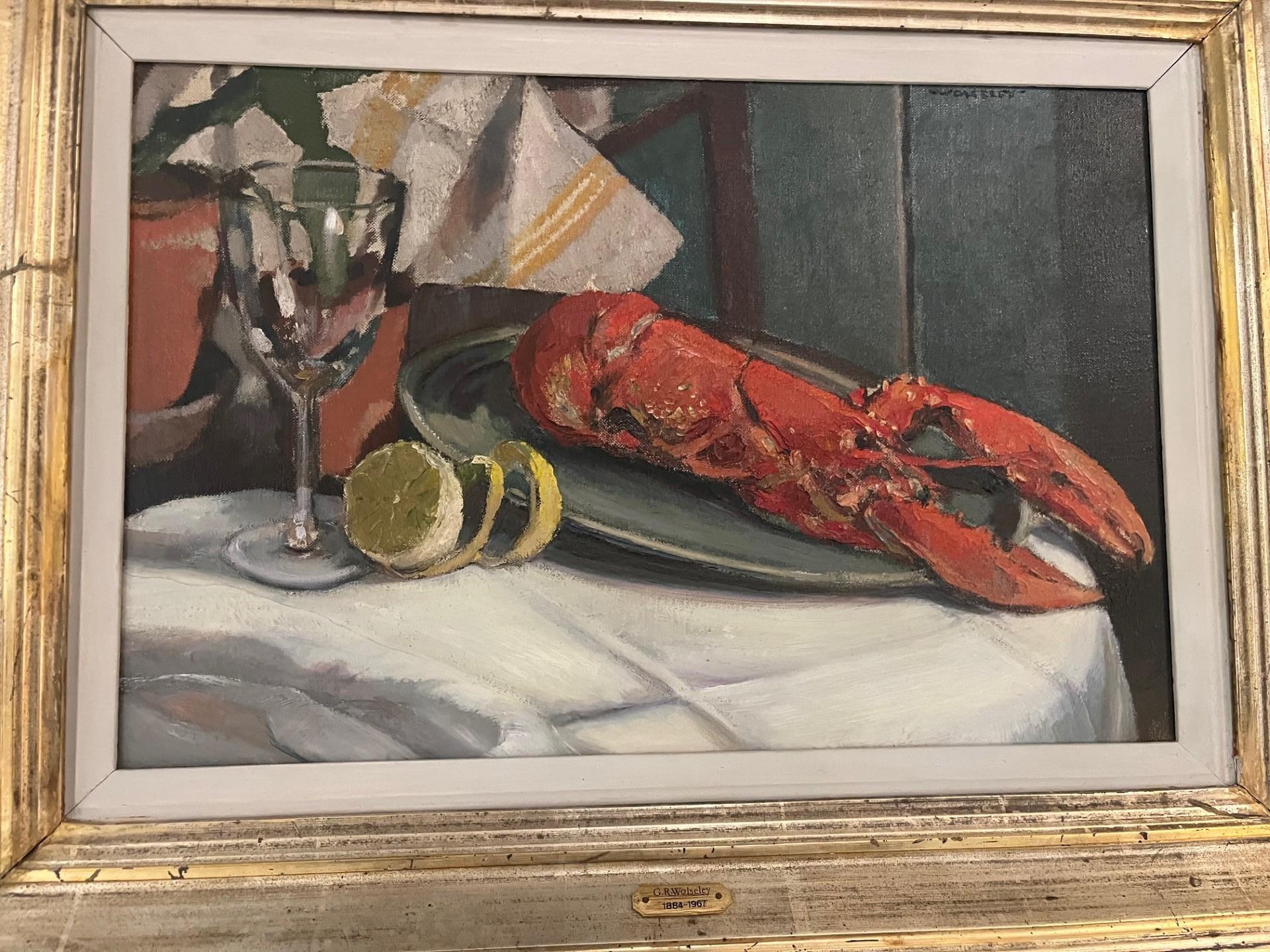 Nature morte au homard et peinture sur verre du début du Twentieth Century Newlyn School