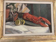 Nature morte au homard et peinture sur verre du début du Twentieth Century Newlyn School