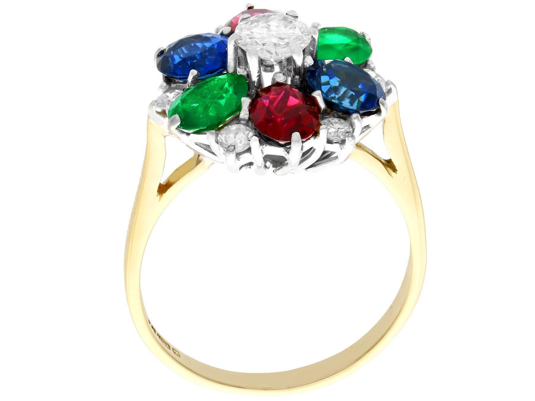 Women's Vintage Garnet Sapphire Emerald and Diamond Cluster Ring For Sale