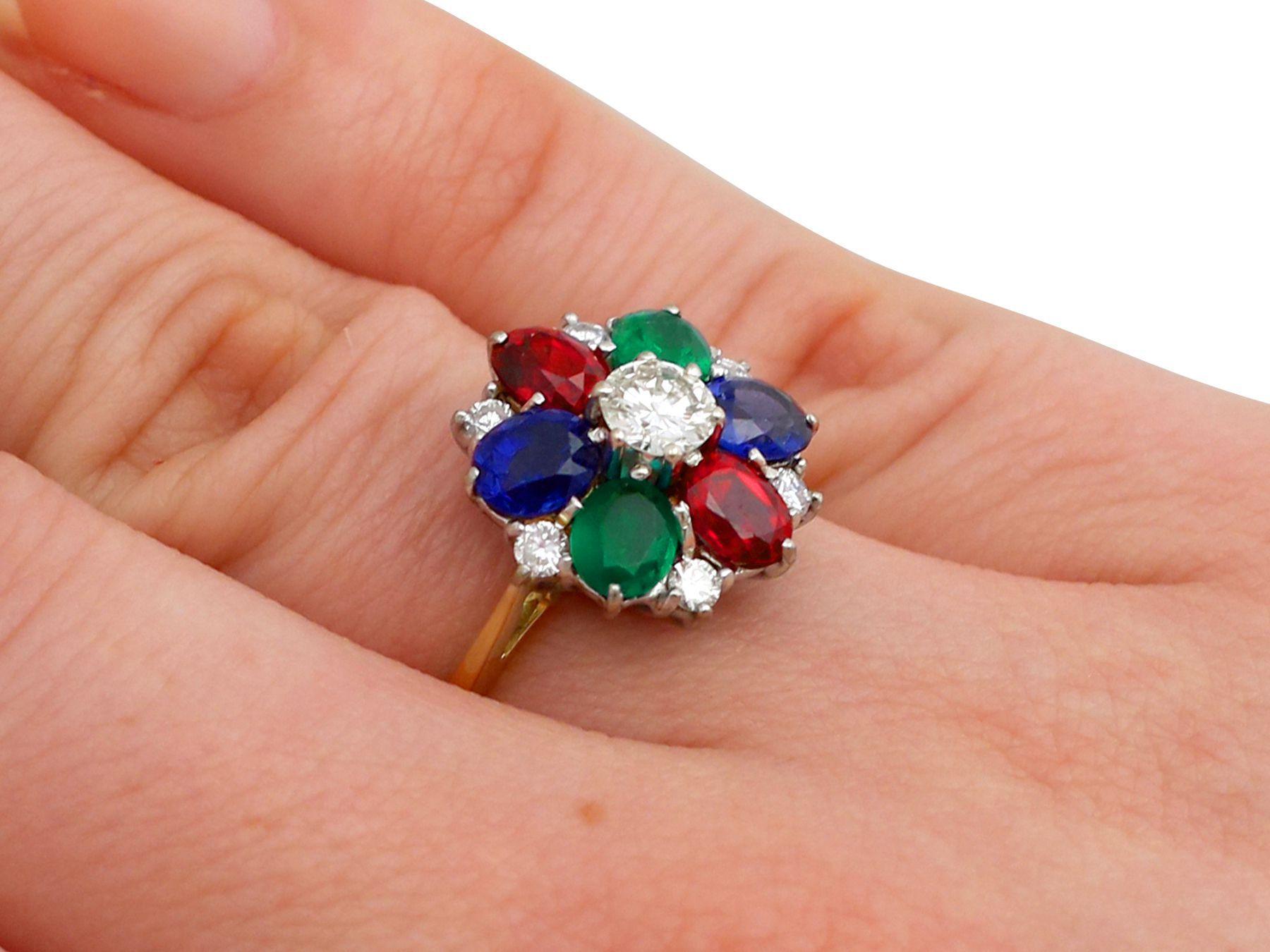 Vintage Garnet Sapphire Emerald and Diamond Cluster Ring For Sale 2