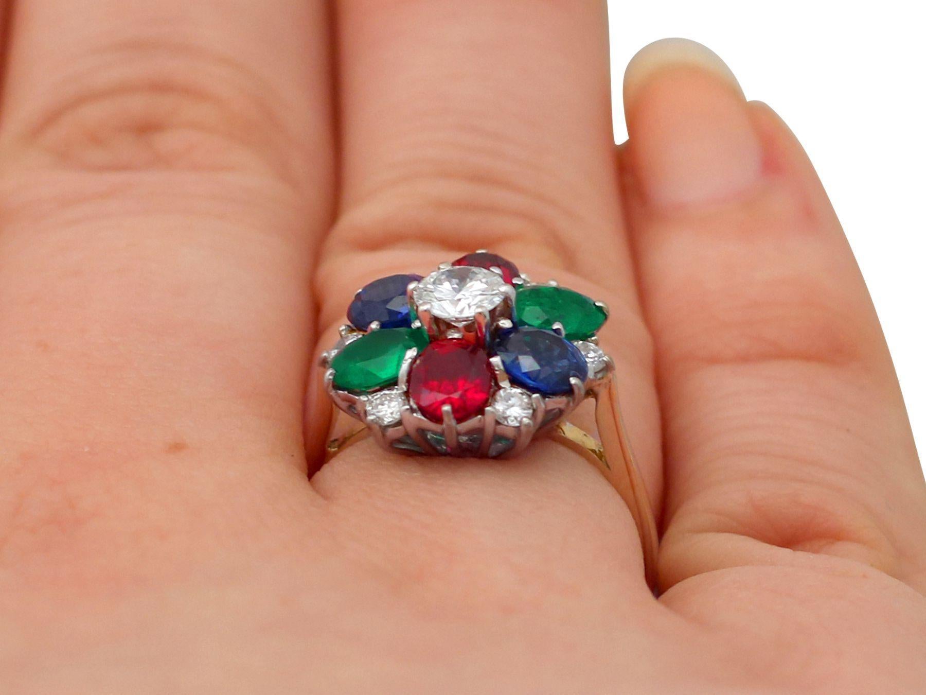 Vintage Garnet Sapphire Emerald and Diamond Cluster Ring For Sale 3
