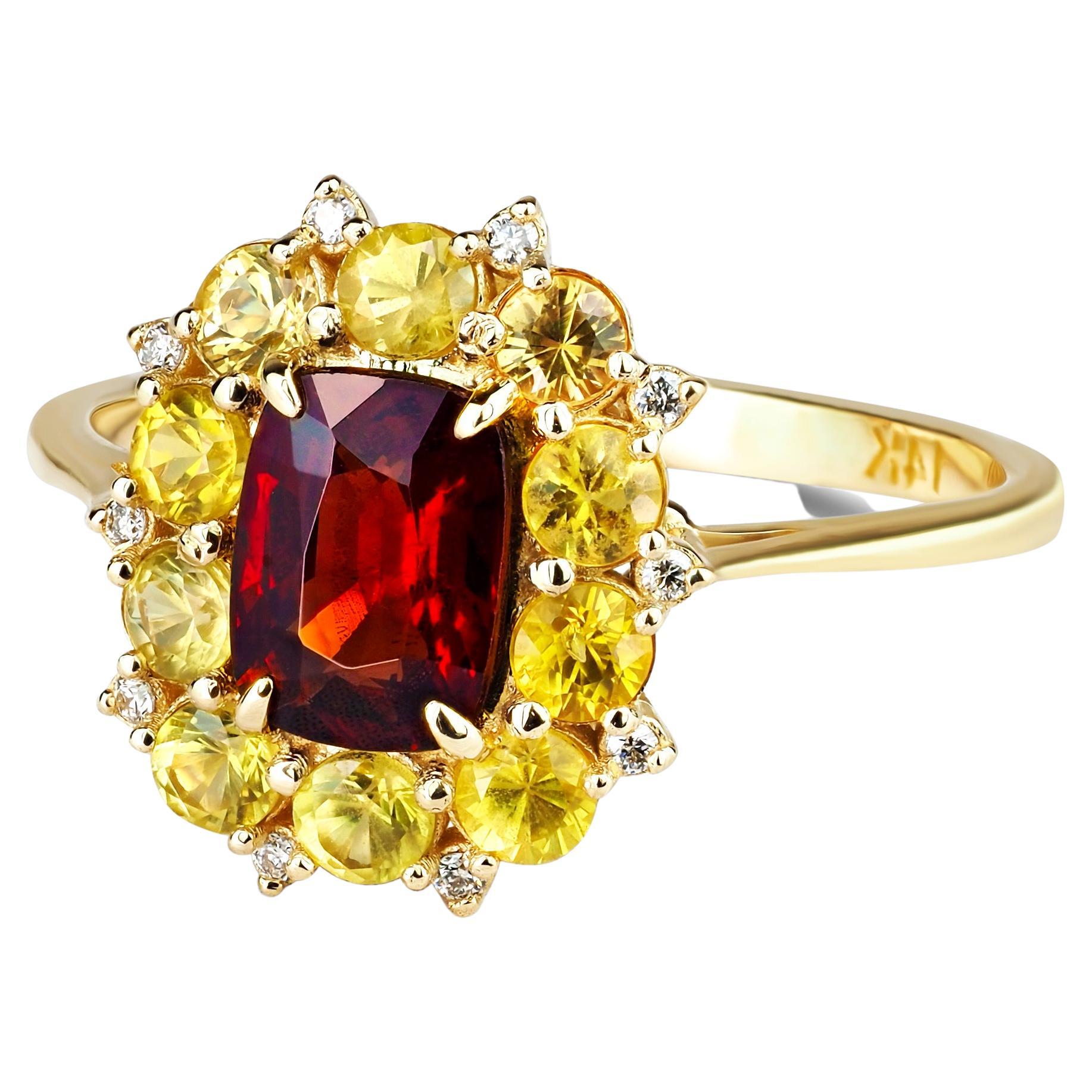 Im Angebot: Granat, Saphire 14k Gold Ring ()