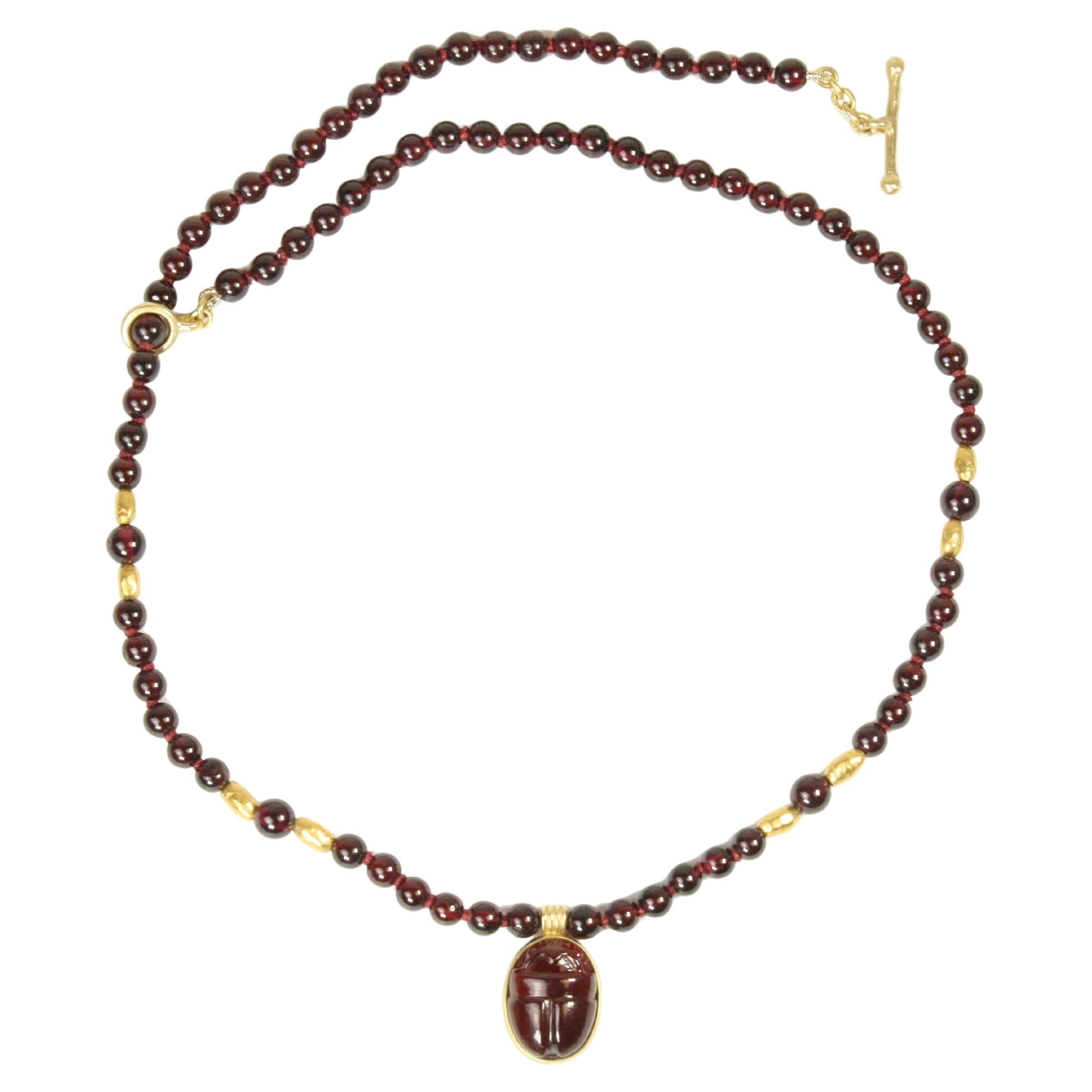 Granat Skarabäus & Goldnugget 16" Perlenkette - Ägyptische Revive, 22K 18K Gold