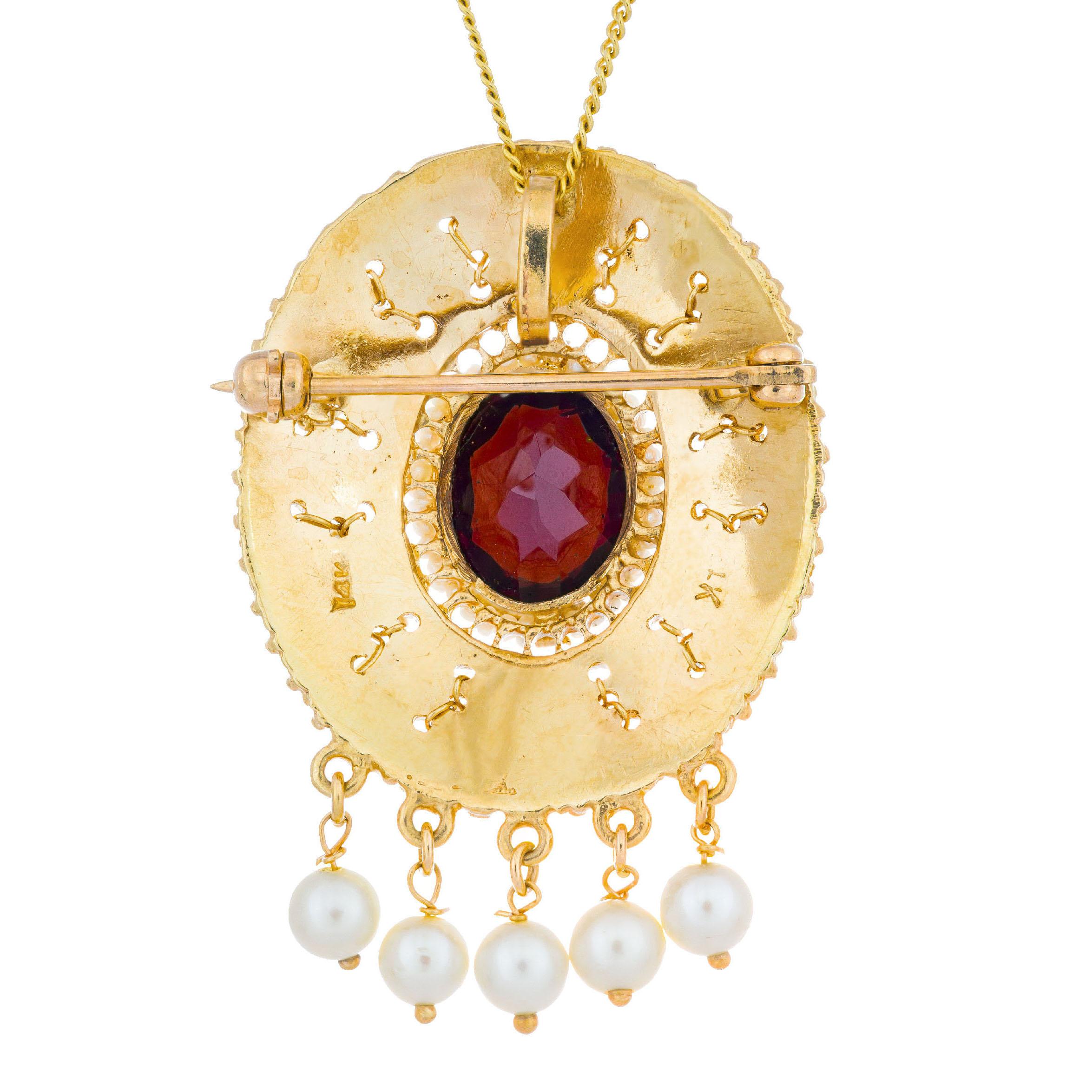 Oval Cut Garnet Seed Pearl Yellow Gold Pendant Brooch Pendant Necklace For Sale