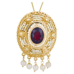 Garnet Seed Pearl Yellow Gold Pendant Brooch Pendant Necklace