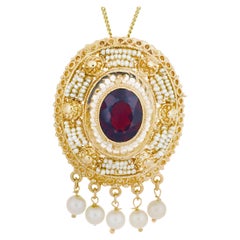 Vintage Garnet Seed Pearl Yellow Gold Pendant Brooch Pendant Necklace