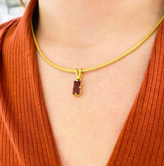 Garnet Silk Necklace, 18k Gold Drop Garnet Pendant, Brazil, Emerald Cut, Red Gem