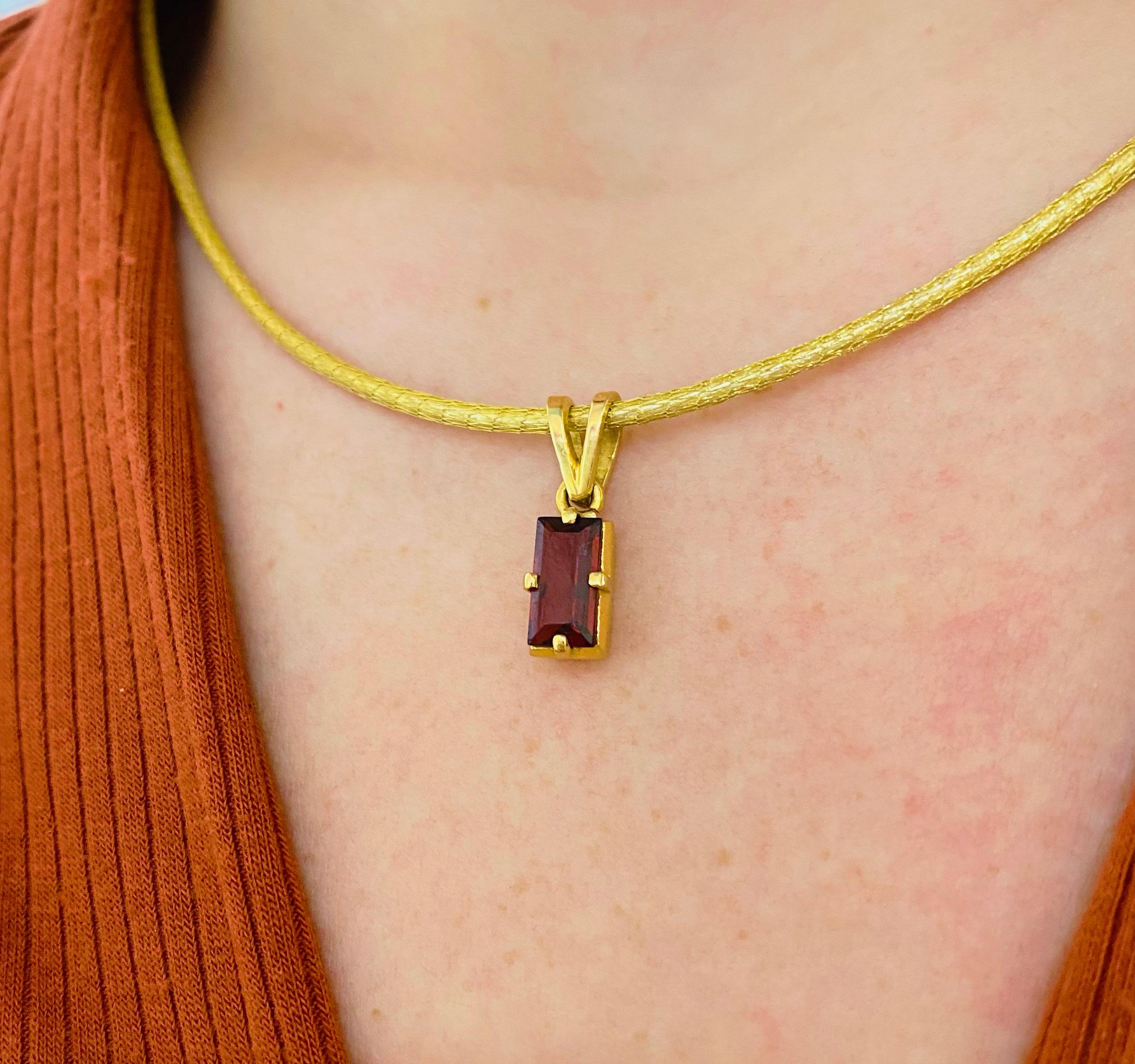 Modern Garnet Silk Necklace, 18k Gold Drop Garnet Pendant, Brazil, Emerald Cut, Red Gem