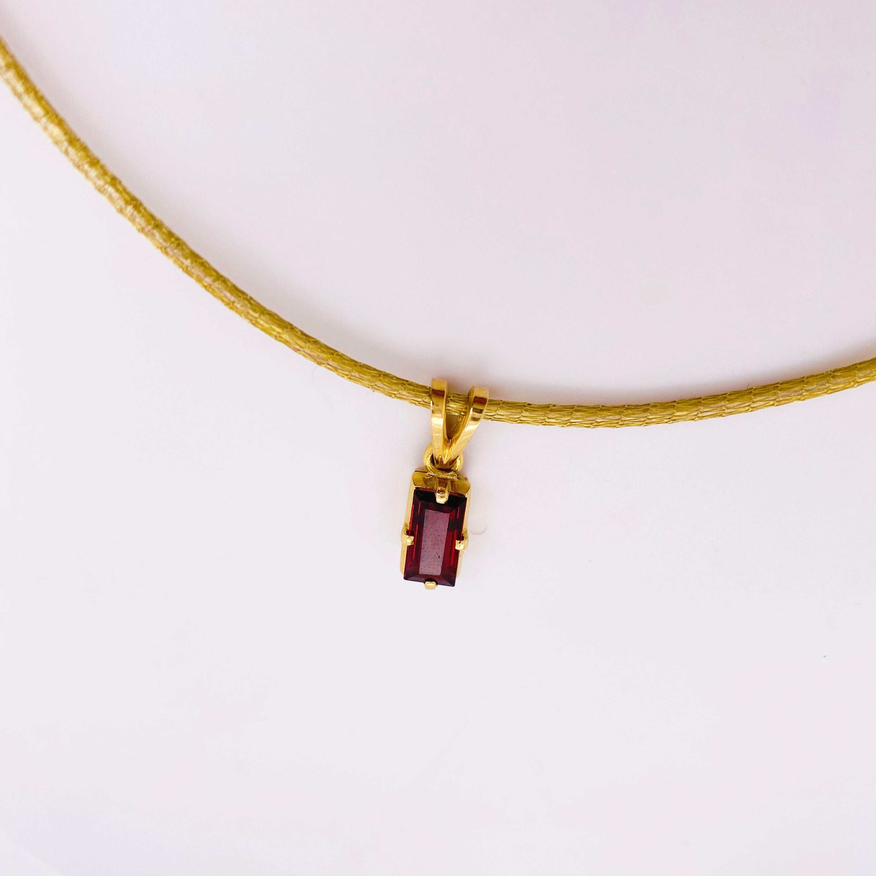 Garnet Silk Necklace, 18k Gold Drop Garnet Pendant, Brazil, Emerald Cut, Red Gem In New Condition In Austin, TX