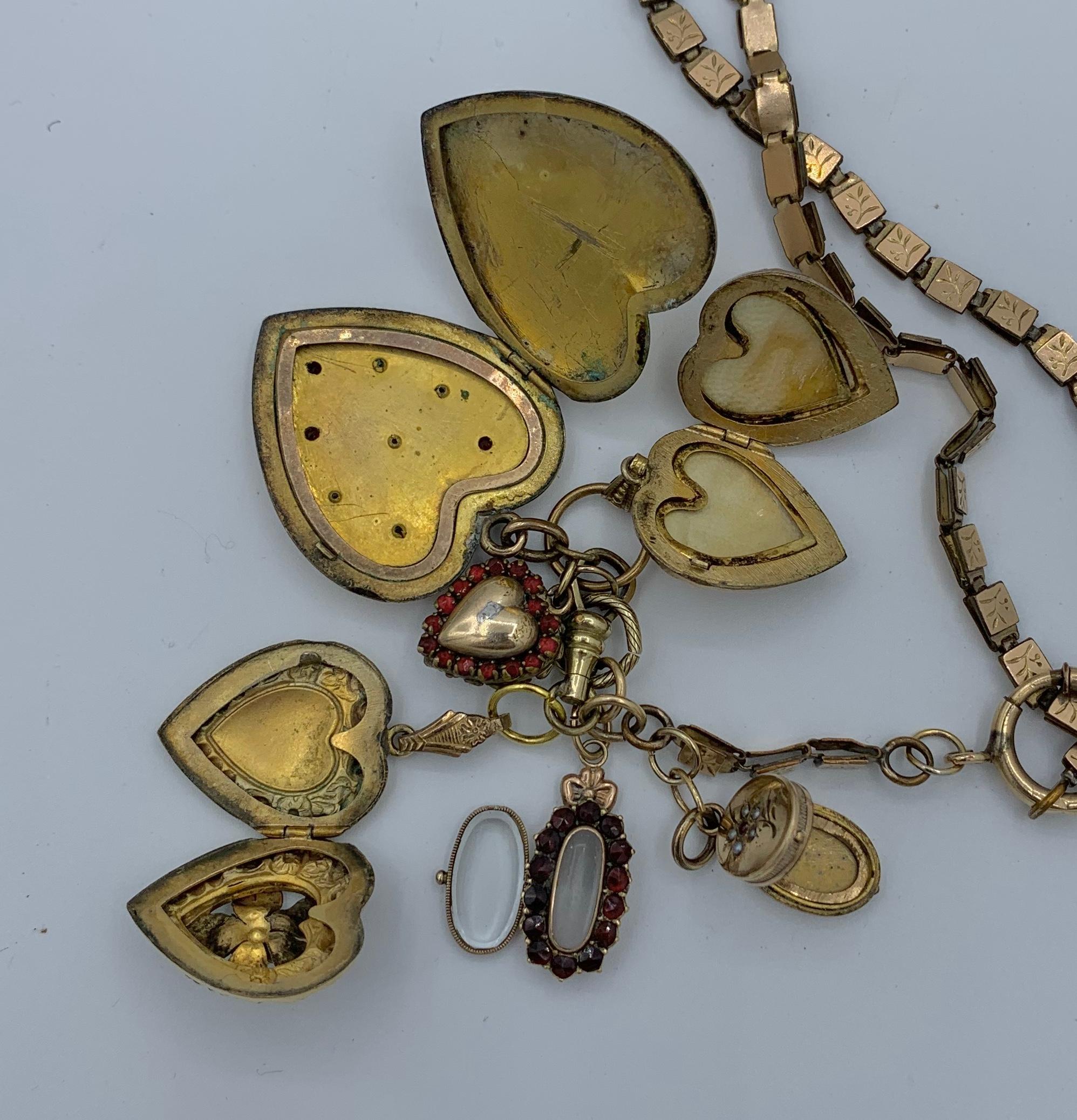 Garnet Six Heart Locket Charm Pendant Necklace Antique Victorian 3
