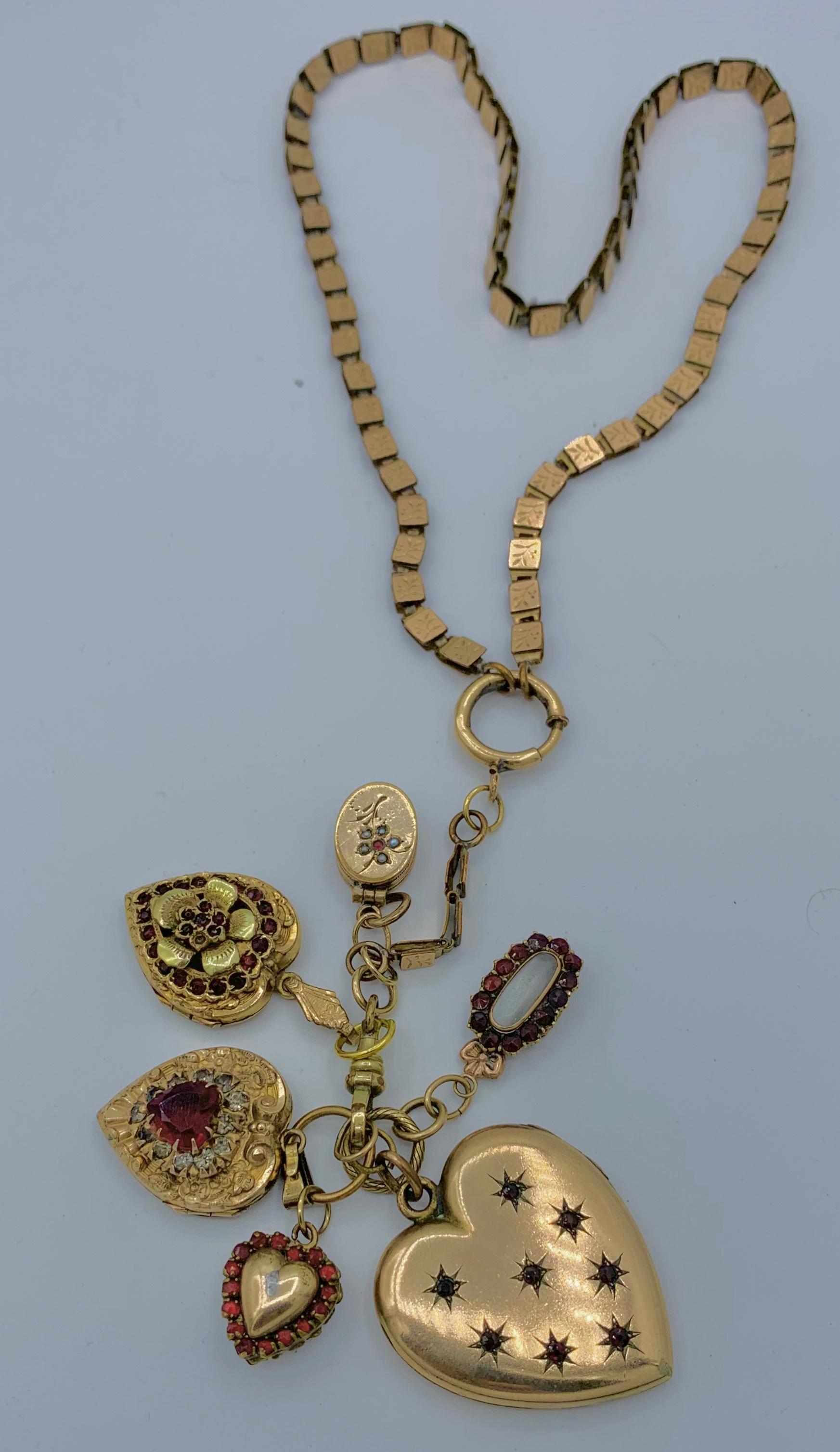 Round Cut Garnet Six Heart Locket Charm Pendant Necklace Antique Victorian