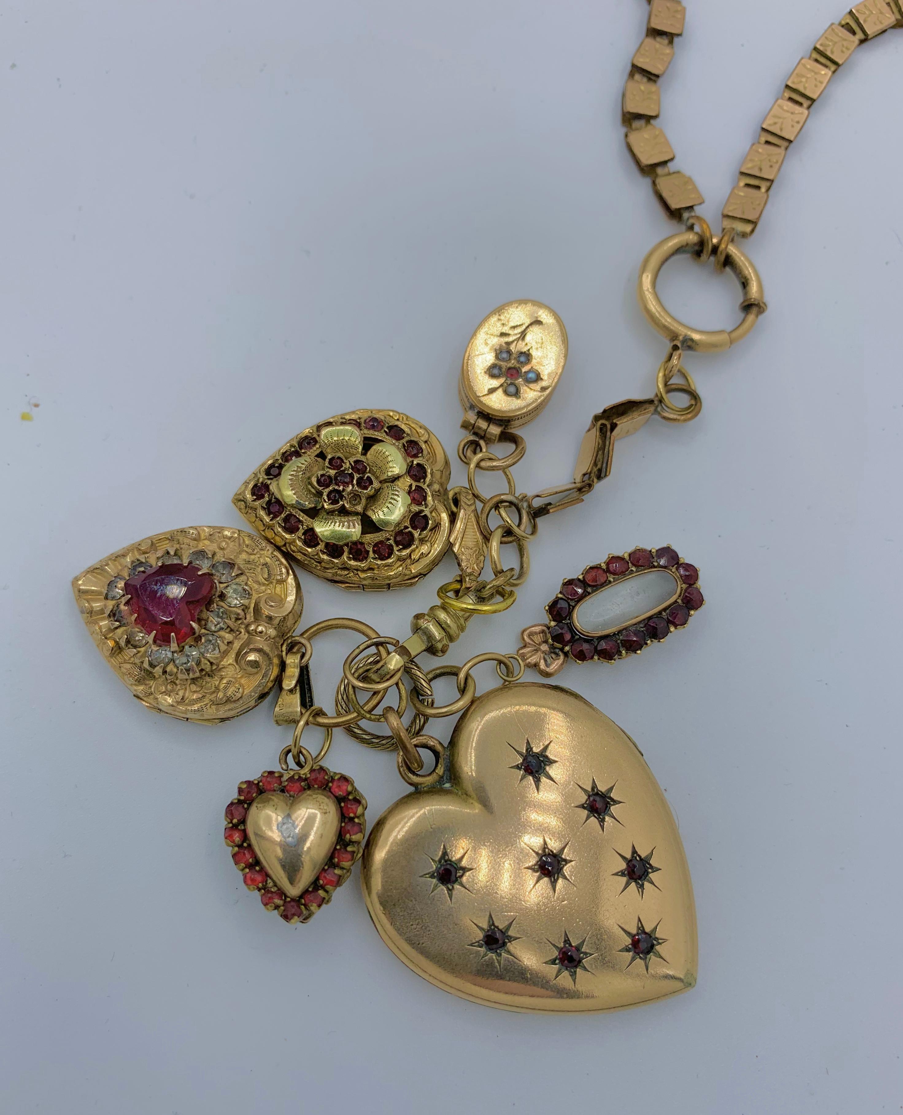 Garnet Six Heart Locket Charm Pendant Necklace Antique Victorian In Good Condition In New York, NY