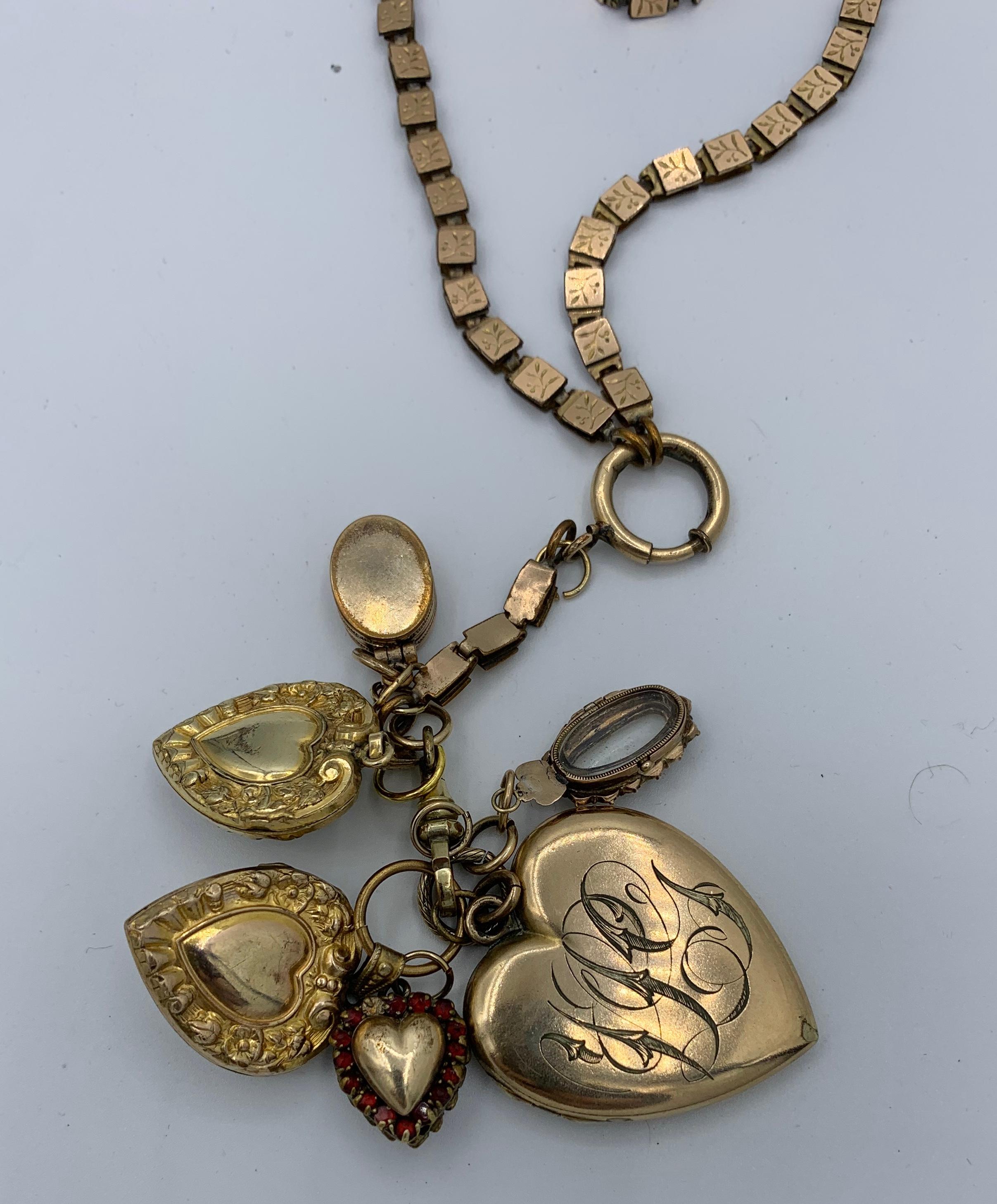 Women's Garnet Six Heart Locket Charm Pendant Necklace Antique Victorian