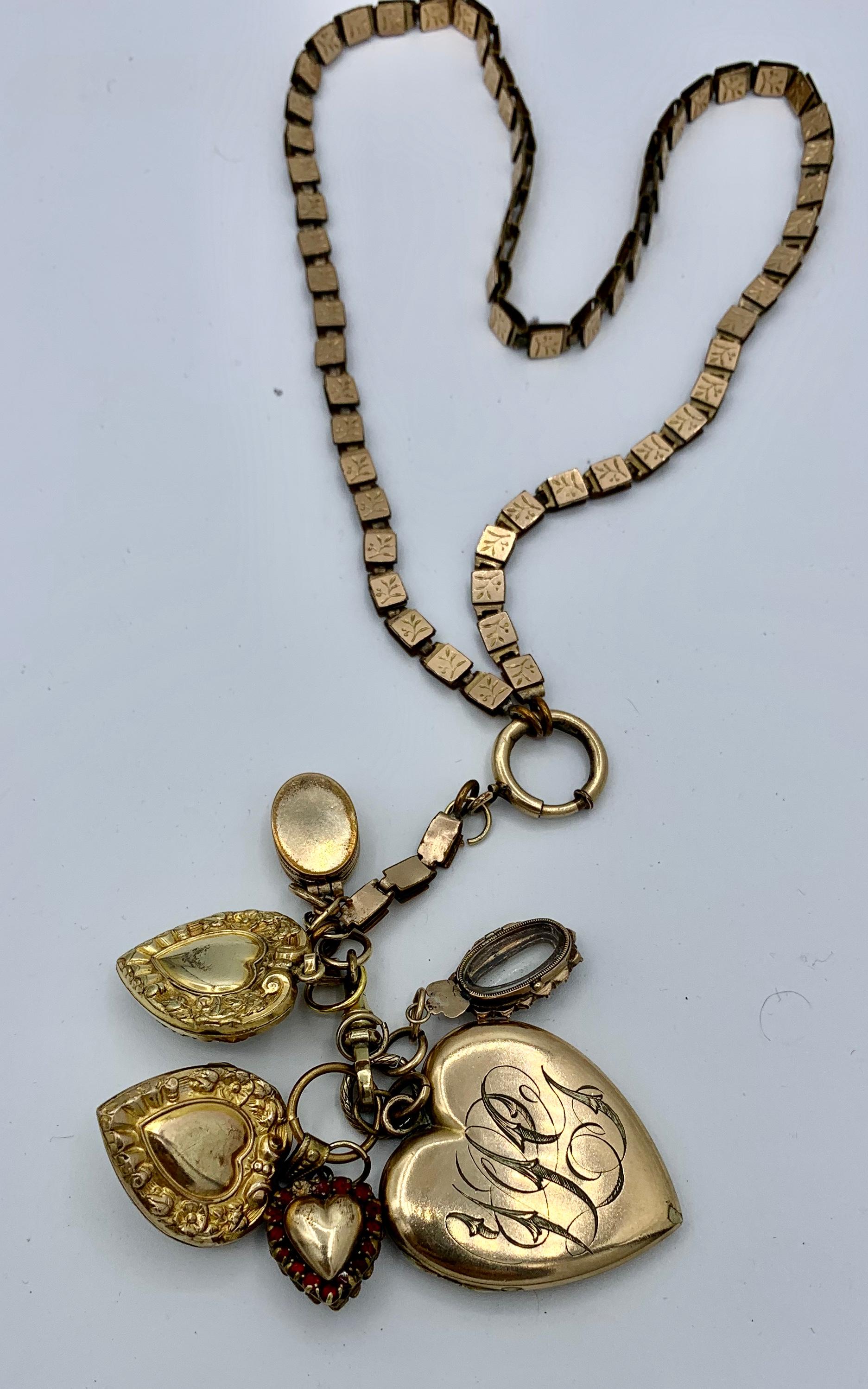 Garnet Six Heart Locket Charm Pendant Necklace Antique Victorian 1