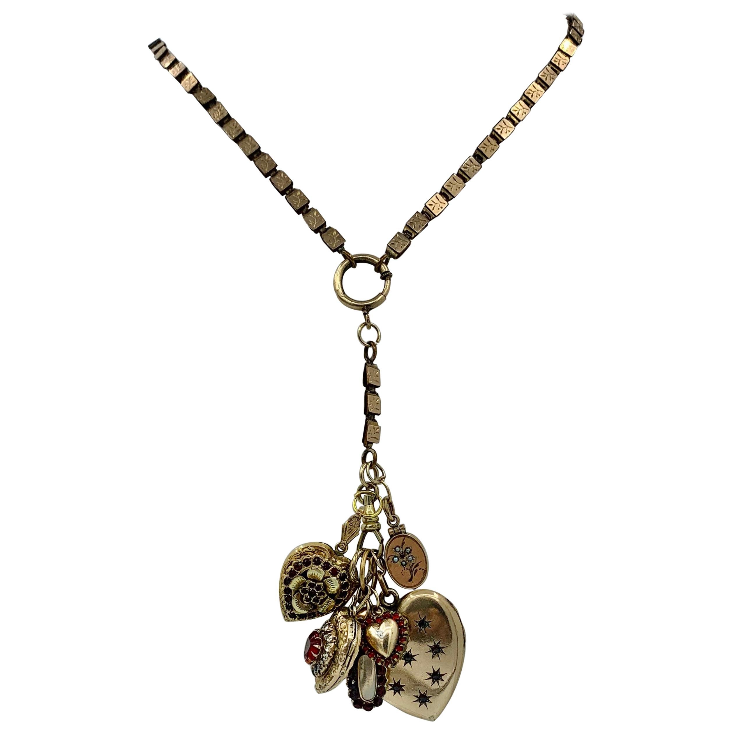 Garnet Six Heart Locket Charm Pendant Necklace Antique Victorian