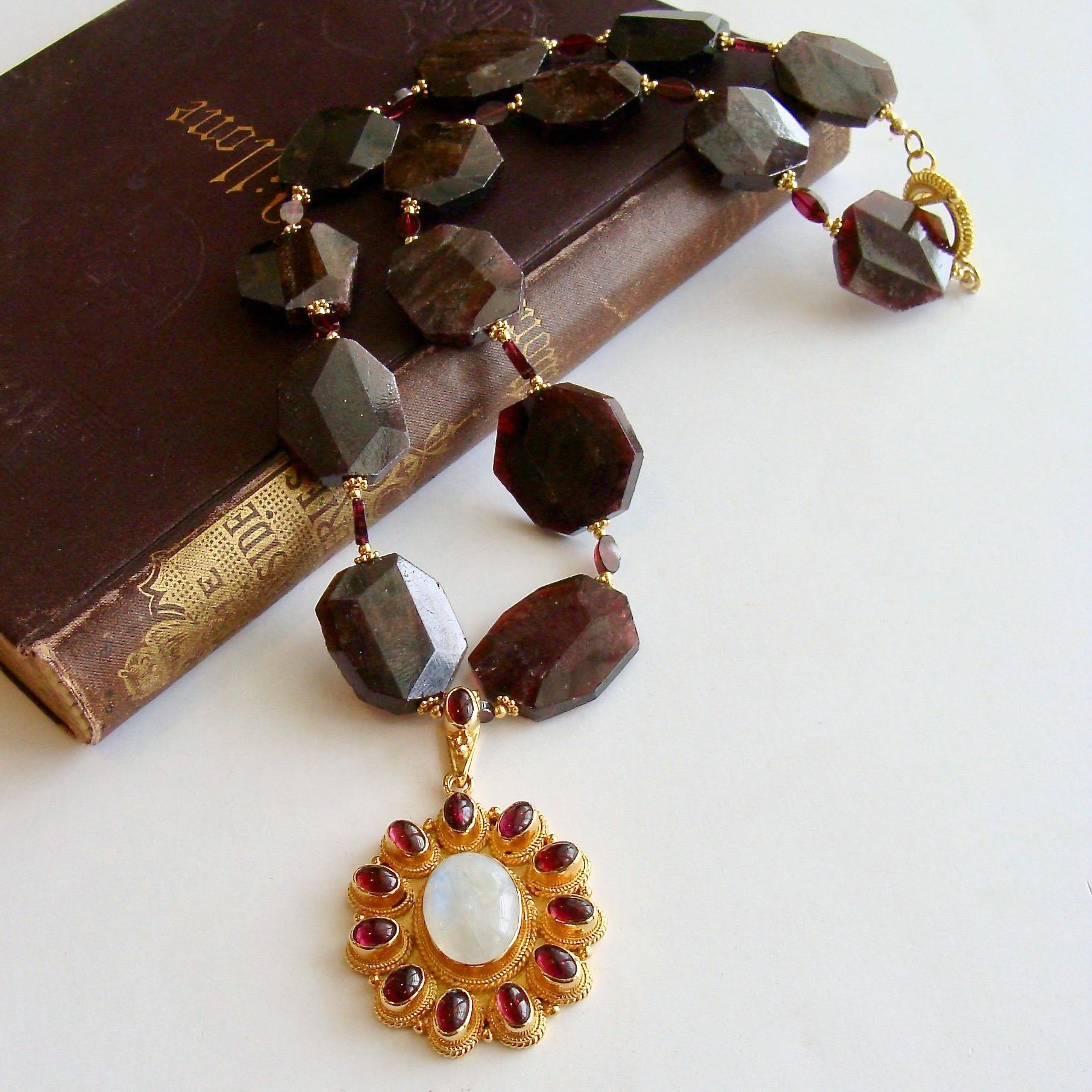 Women's Garnet Slices with Byzantine Garnet Moonstone Pendant Necklace - Constantia Neck