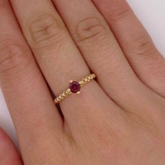 Garnet Solitaire Ring, Yellow Gold, Beaded Band, .45 Carat Round Garnet