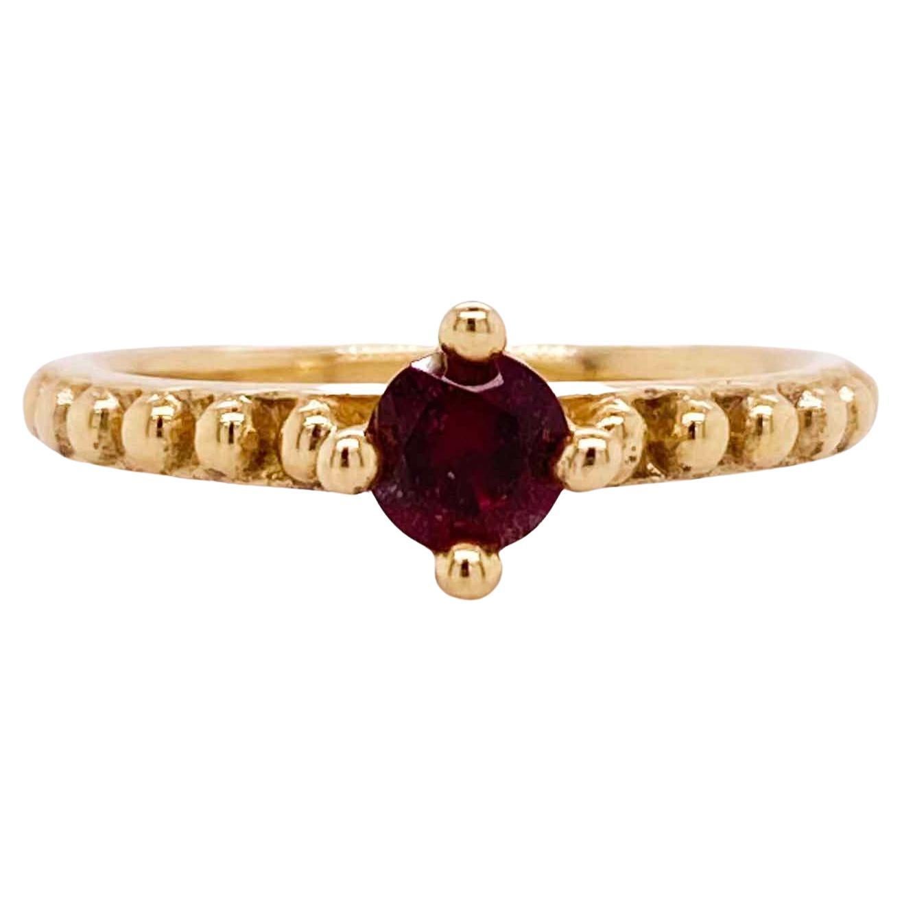For Sale:  Garnet Solitaire Ring, Yellow Gold, Beaded Band, .45 Carat Round Garnet
