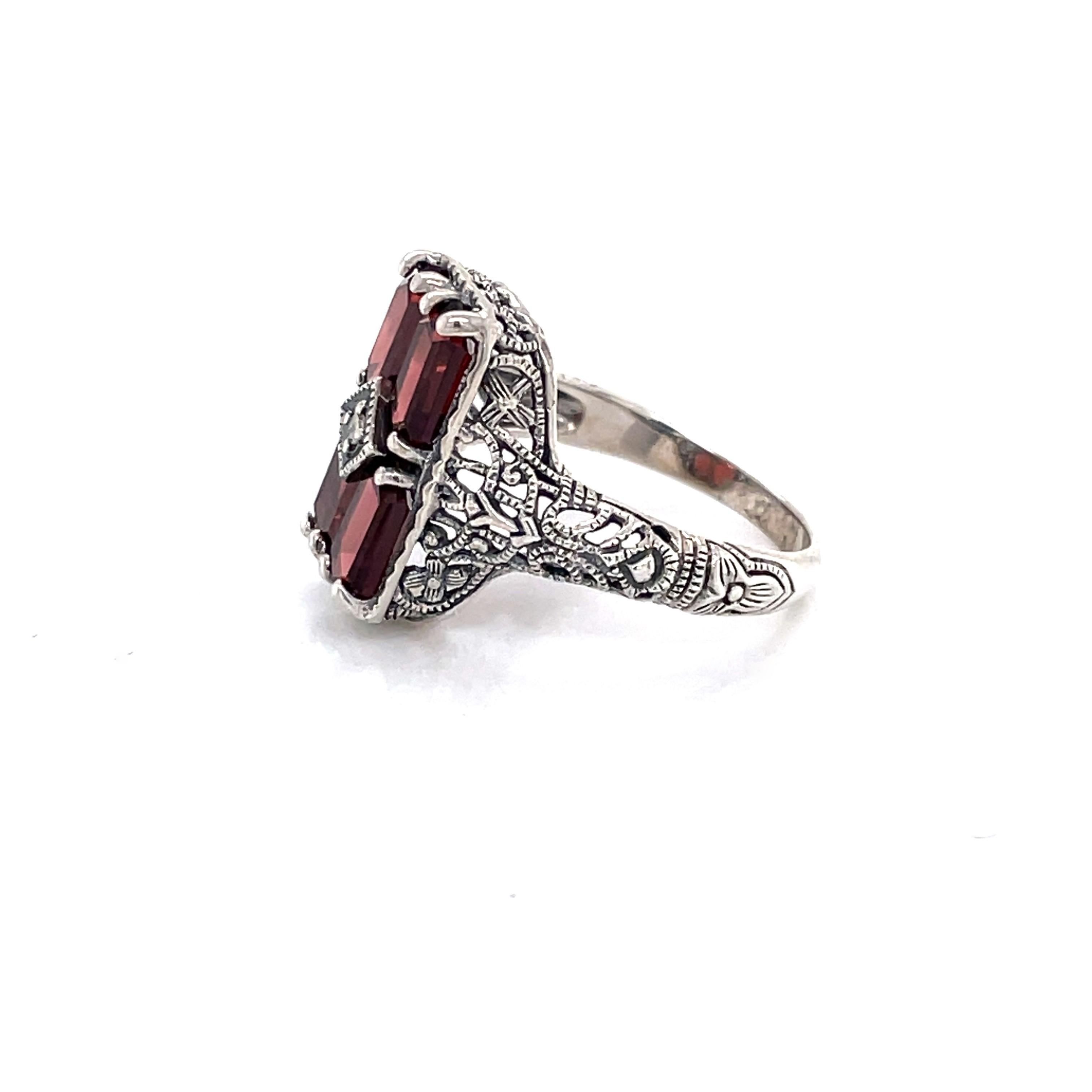 Art Deco Garnet Sterling Silver Antique Style Ring with Diamond Accent For Sale