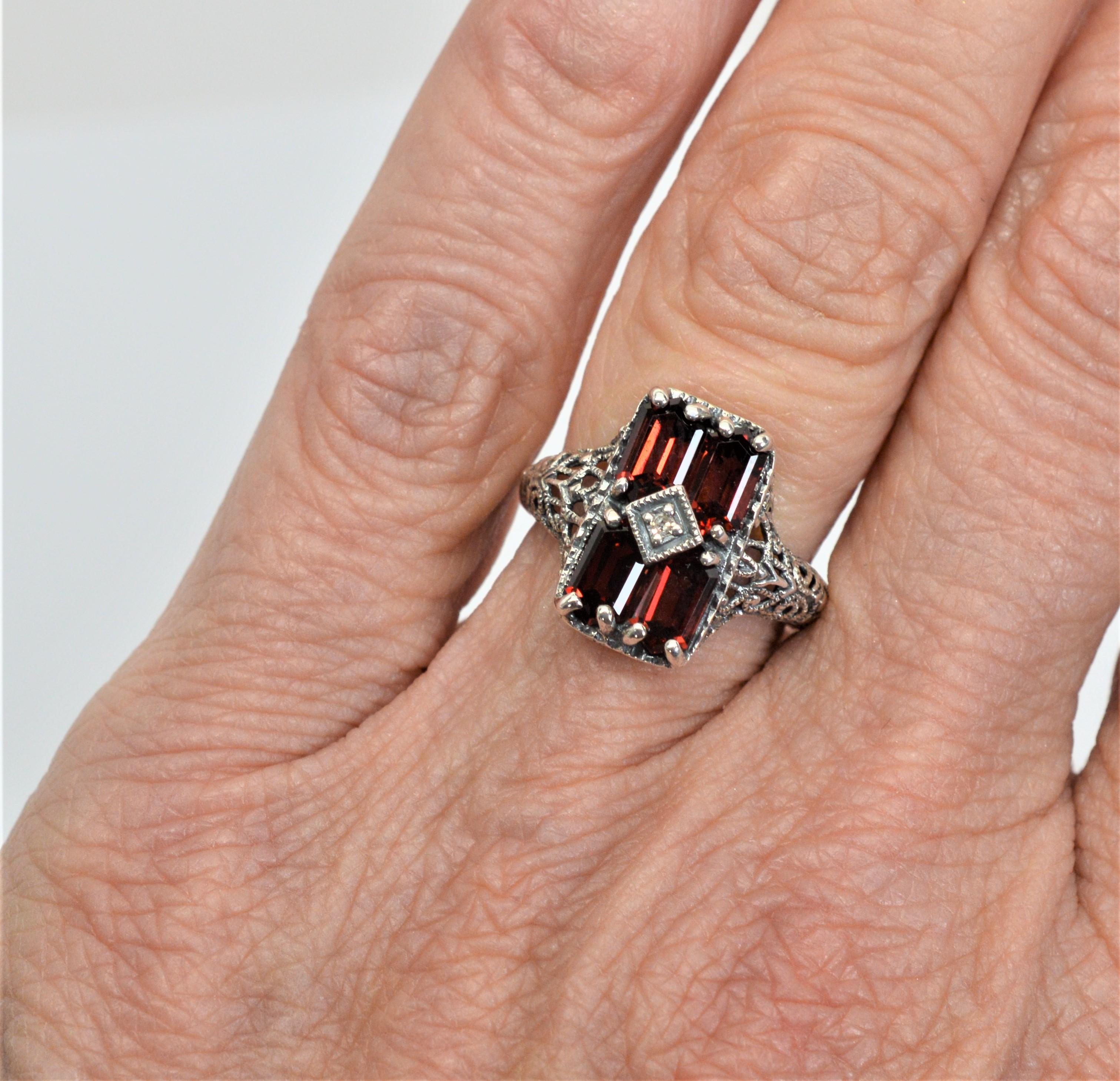 Mixed Cut Garnet Sterling Silver Antique Style Ring with Diamond Accent For Sale