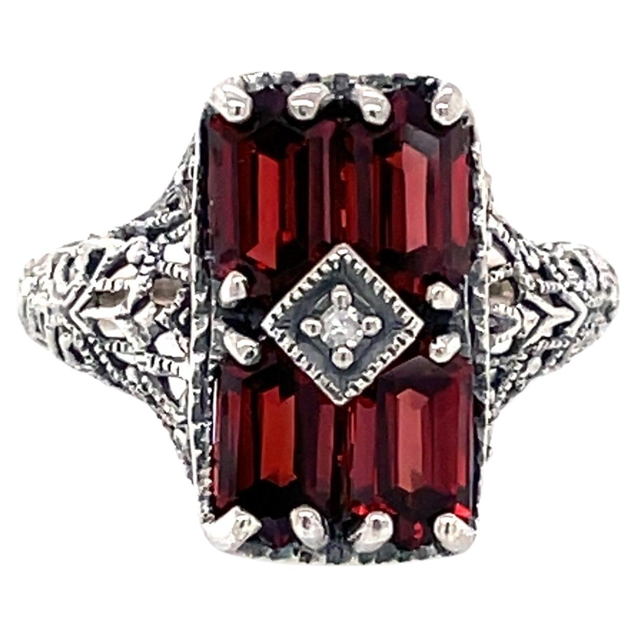 Garnet Sterling Silver Antique Style Ring with Diamond Accent For Sale