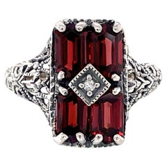 Garnet Sterling Silver Antique Style Ring with Diamond Accent