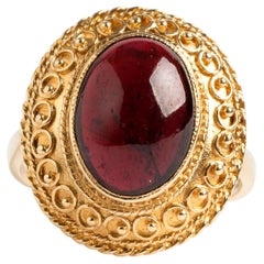 Vintage Garnet Stone Set Cabochon Dress Ring, 9K Yellow Gold Band, Statement Piece