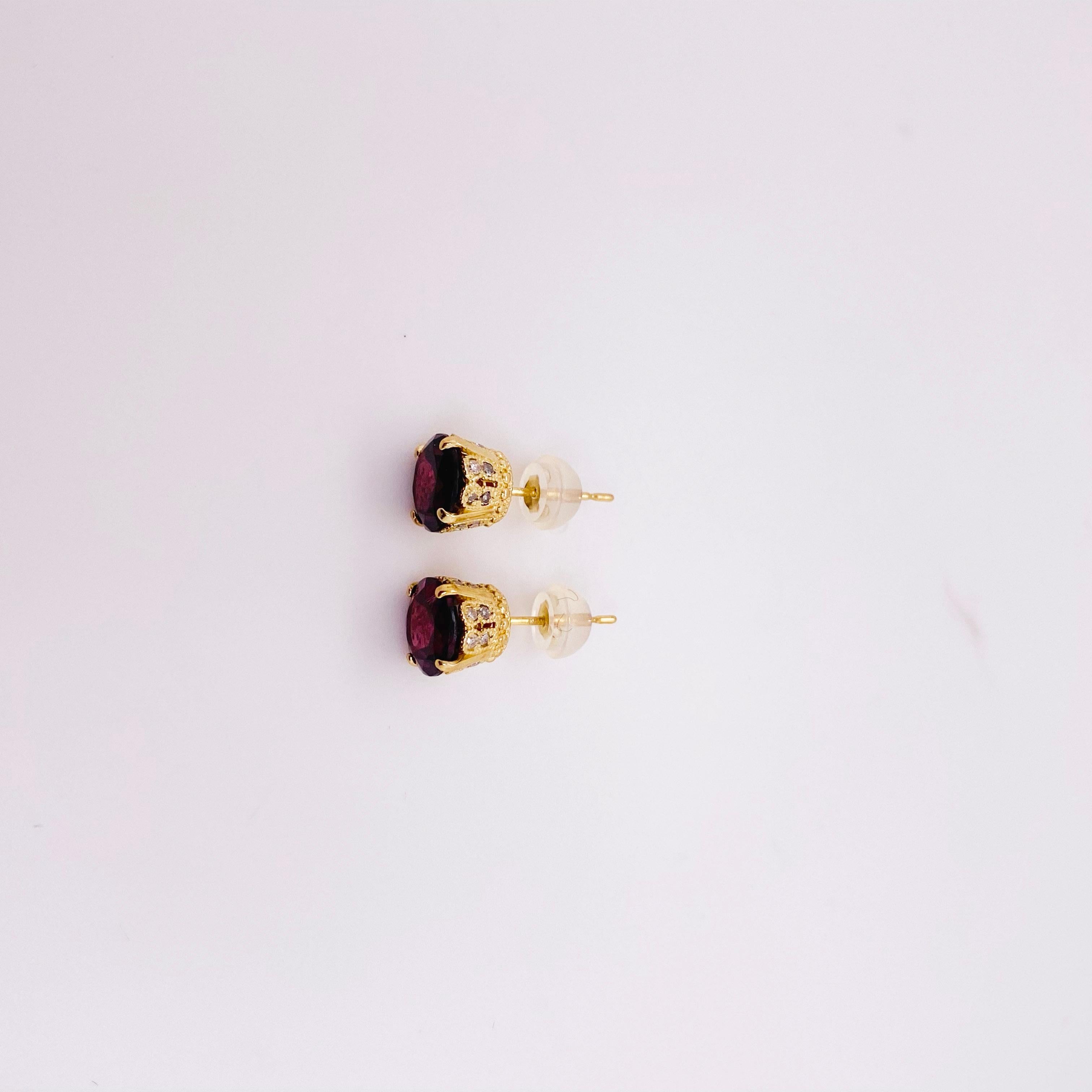 Contemporary Garnet Stud Earrings Yellow Gold Posts, Four Prong Rhodalite Garnet Earrings