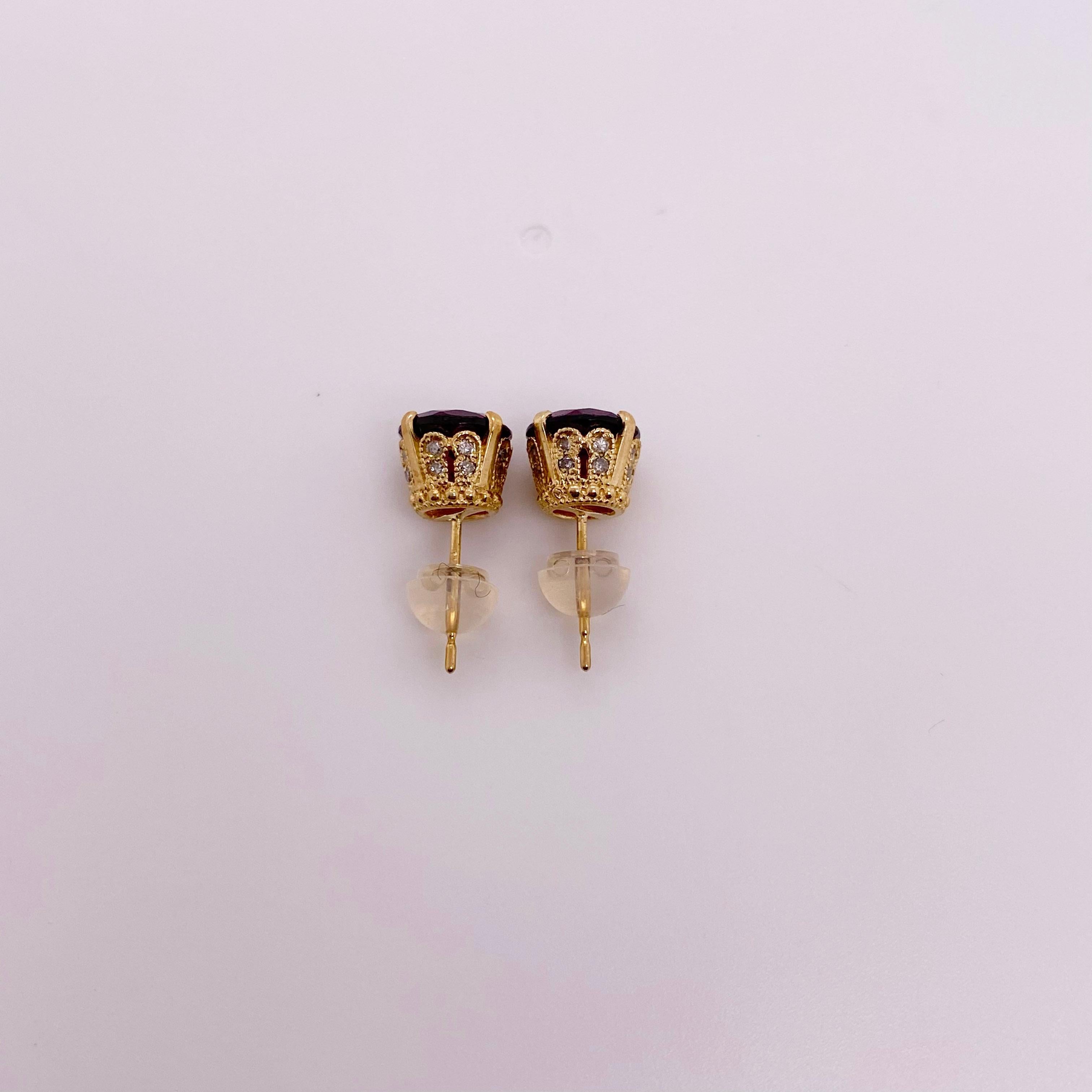 Round Cut Garnet Stud Earrings Yellow Gold Posts, Four Prong Rhodalite Garnet Earrings