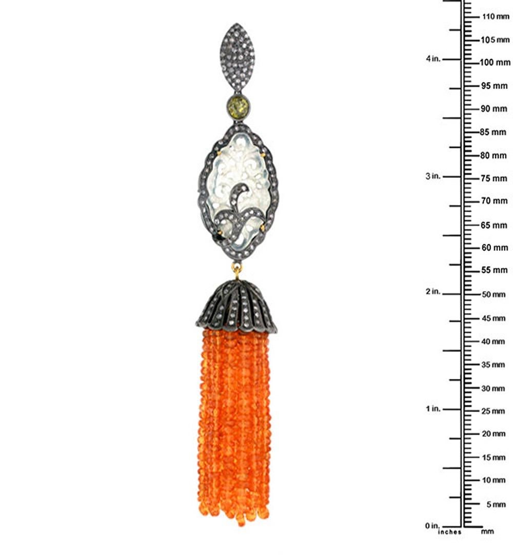 Artisan Garnet Tassel Pendant With Jade & Diamonds Made in 18k Gold & Silver For Sale
