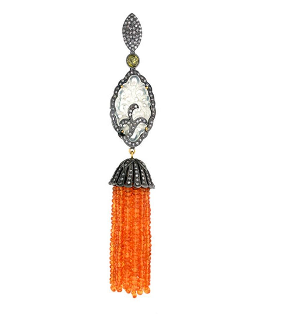 Mixed Cut Garnet Tassel Pendant With Jade & Diamonds Made in 18k Gold & Silver For Sale