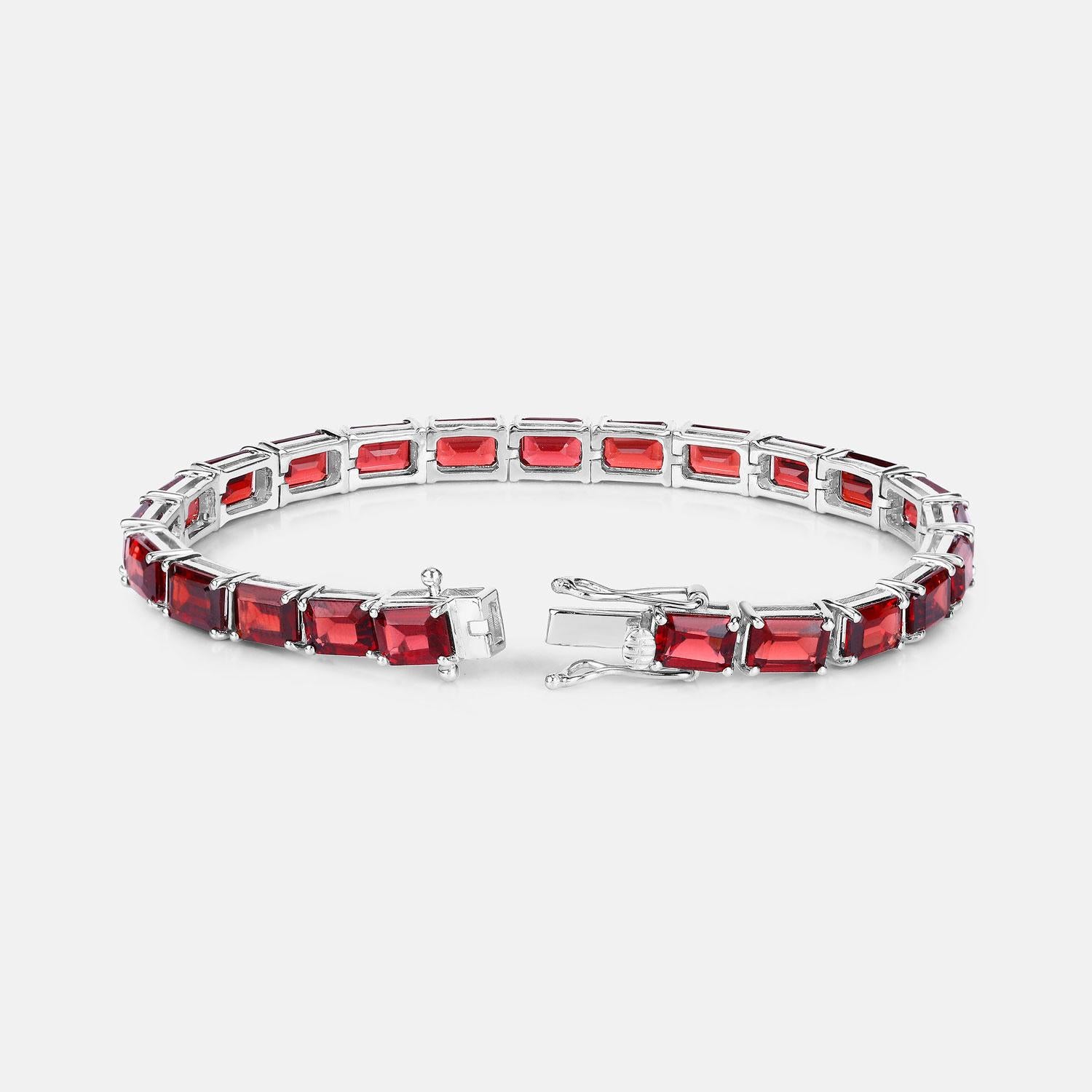 Emerald Cut Garnet Tennis Bracelet 27 Carats Rhodium Plated Sterling Silver For Sale