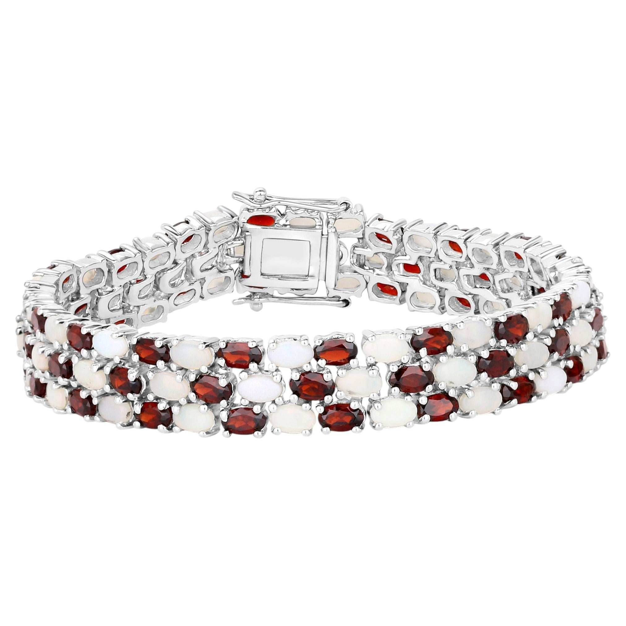 Bracciale da tennis con granato e opale, argento sterling 24 carati