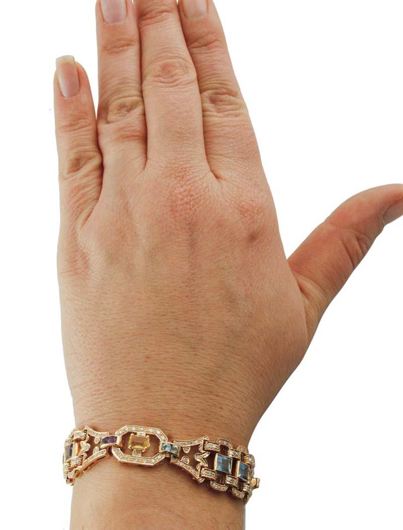 Taglio misto Granato, topazio, ametiste, peridoto, diamanti, bracciale in oro rosa 14 carati. in vendita