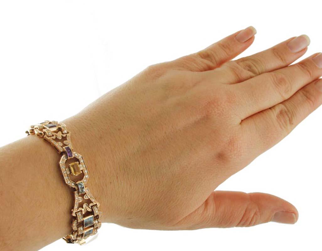 Granato, topazio, ametiste, peridoto, diamanti, bracciale in oro rosa 14 carati. In condizioni buone in vendita a Marcianise, Marcianise (CE)