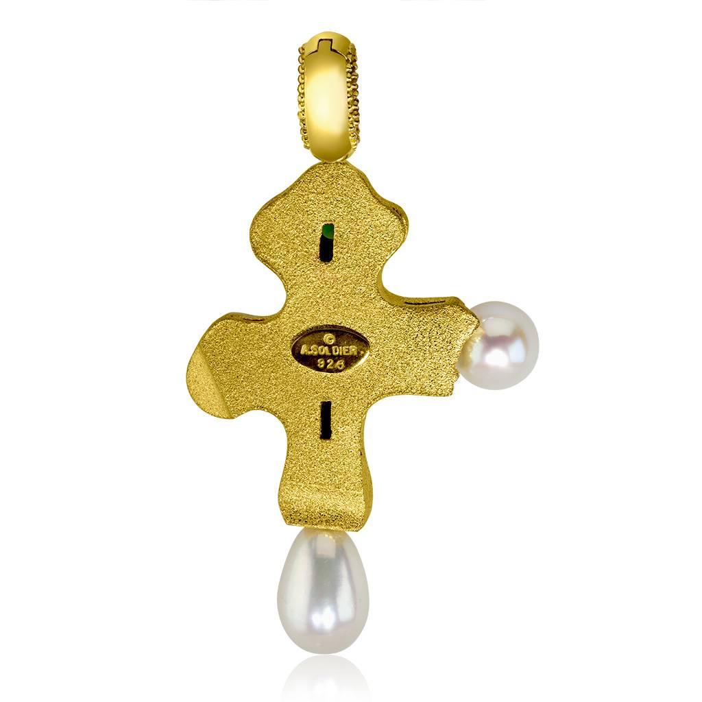 Taille poire Pendentif croix en grenat, topaze, citrine, chrome, perle, diopside, argent, or et platine en vente