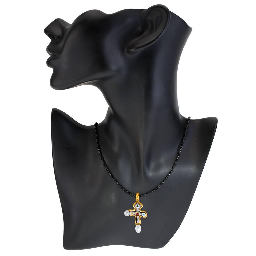 Garnet Topaz Citrine Chrome Diopside Pearl Silver Gold Platinum Cross Pendant In New Condition In New York, NY
