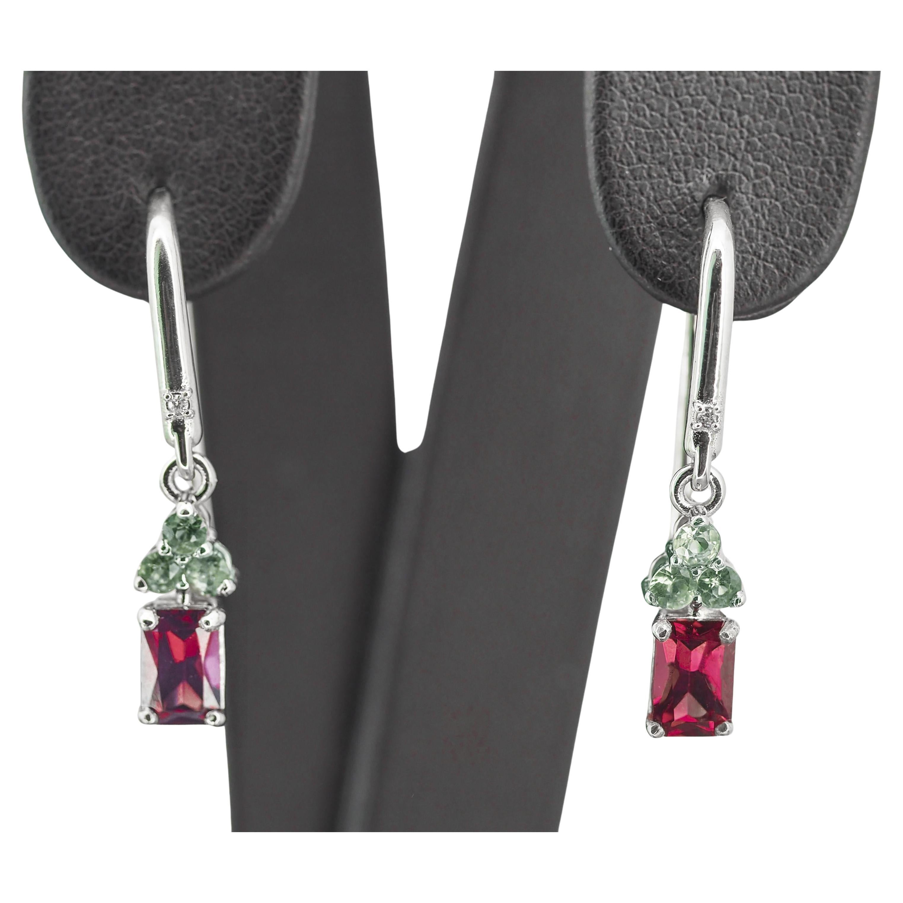 Garnet, tourmaline 14k gold earrings