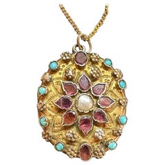 Garnet Turquoise Pearl Locket Pendant Austro-Hungarian Renaissance Revival