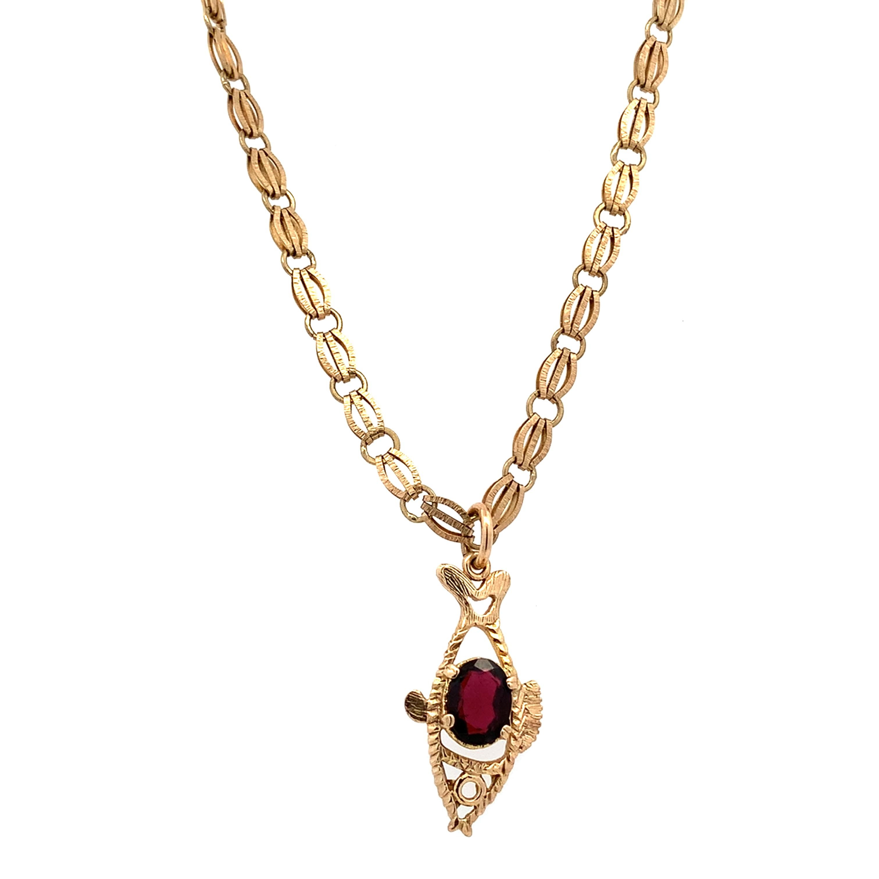 Oval Cut Garnet vintage fish shaped pendant necklace yellow gold For Sale