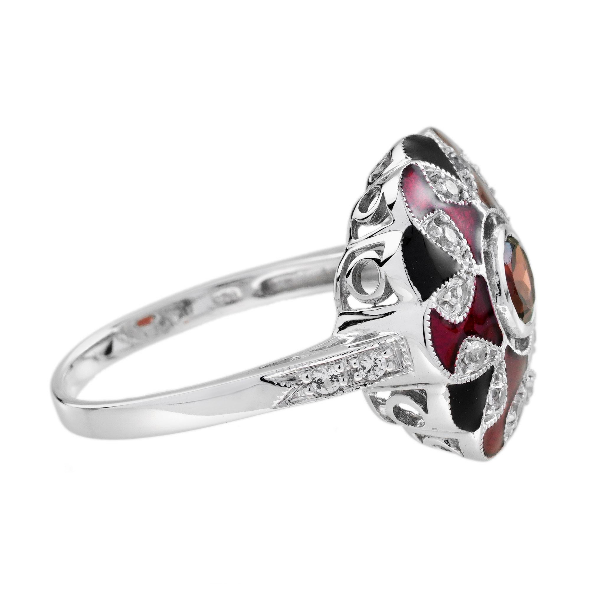 Granat Weißer Saphir und Emaille Art Deco Stil Halo Ring in 9K Weißgold im Angebot 4