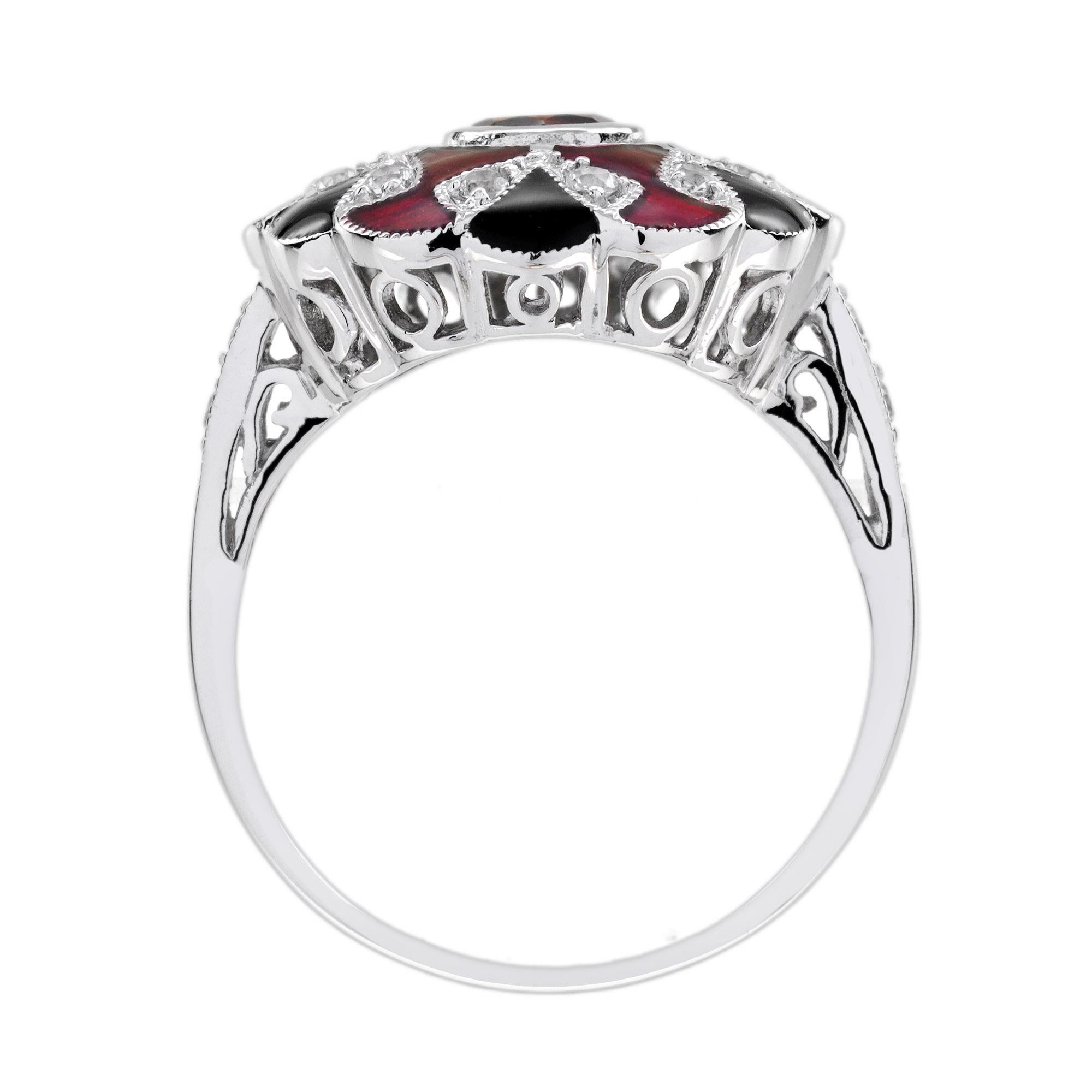 Granat Weißer Saphir und Emaille Art Deco Stil Halo Ring in 9K Weißgold im Angebot 6