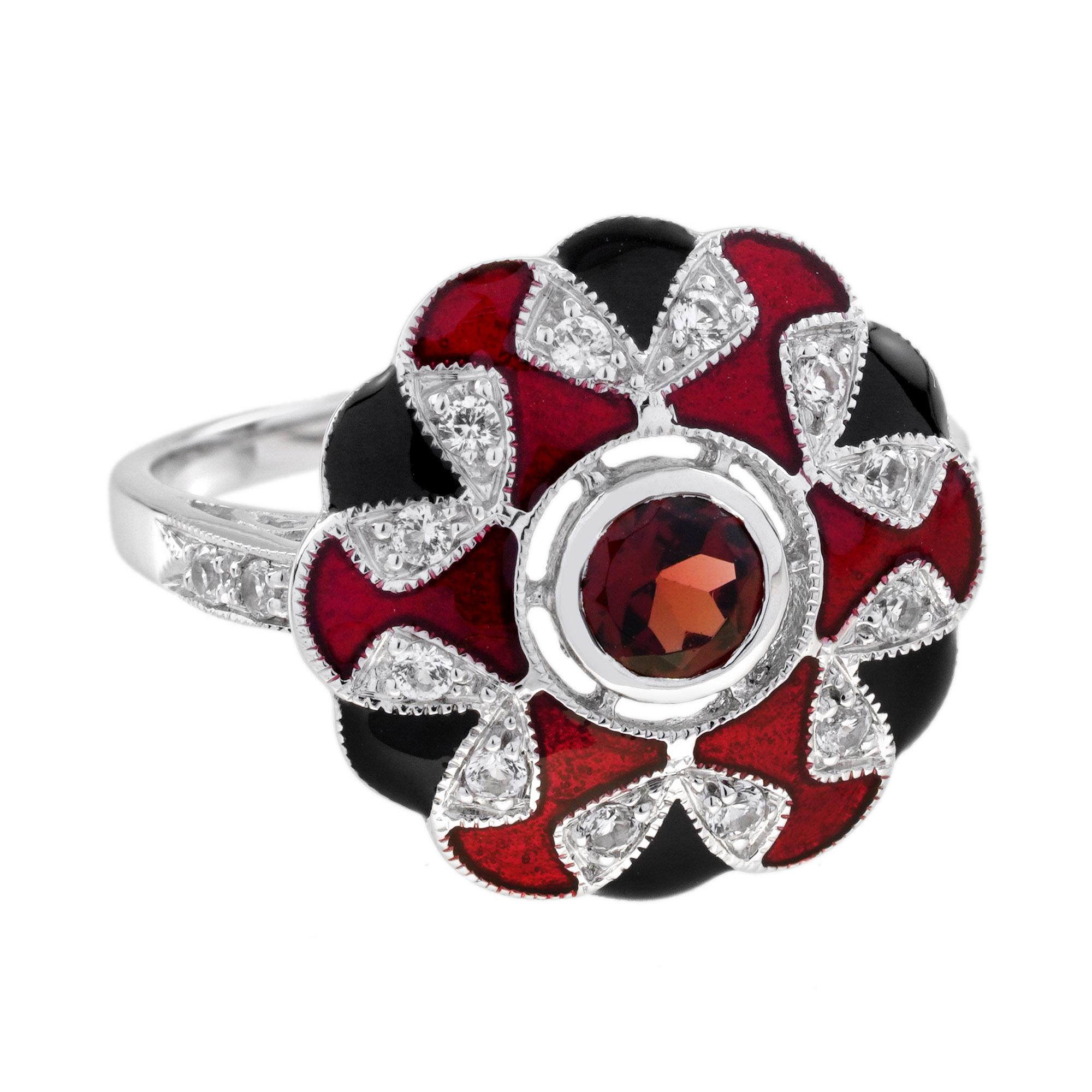 Granat Weißer Saphir und Emaille Art Deco Stil Halo Ring in 9K Weißgold im Angebot 3