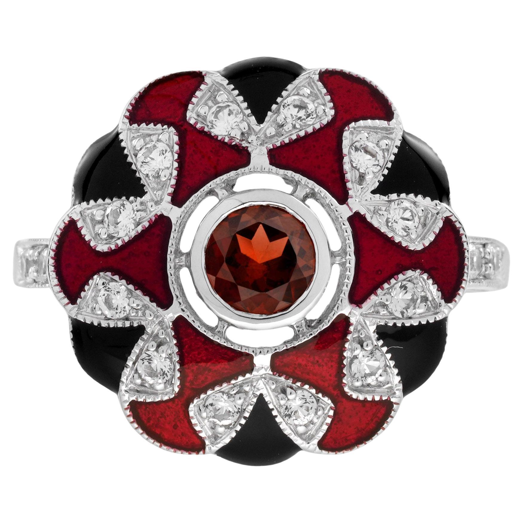 Garnet White Sapphire and Enamel Art Deco Style Halo Ring in 9K White Gold For Sale